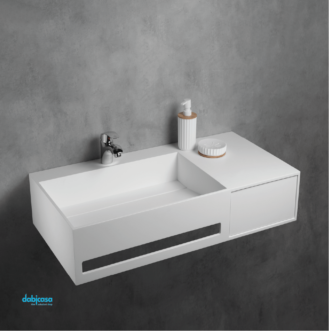 Lavabo Sospeso " Giove" In Solid Surface Finitura Bianco Opaco Da 90 Cm - Dabicasa