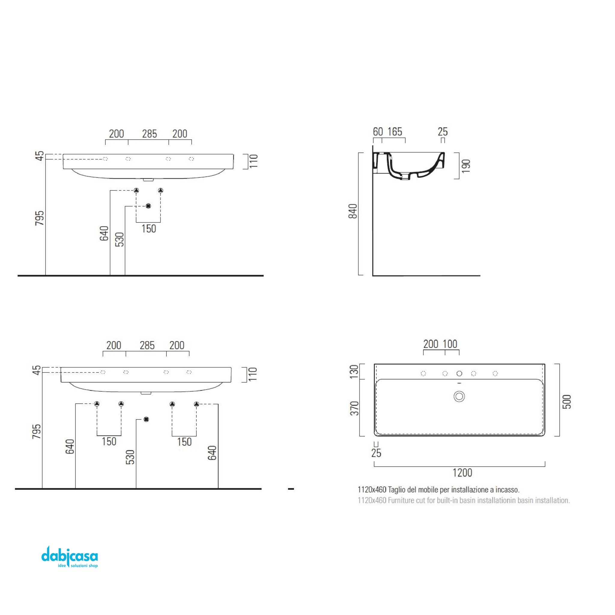 Lavabo Sospeso/Semincasso Da 120 Cm Con Foro In Ceramica Bianco Lucido - Dabicasa