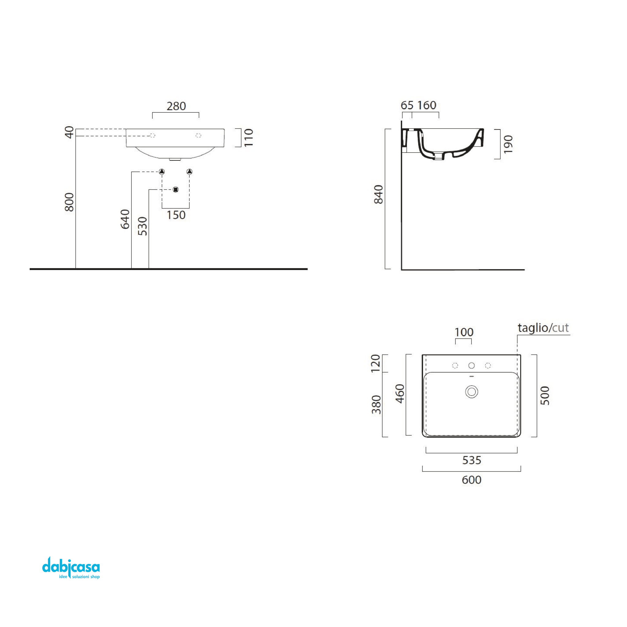 Lavabo Sospeso/Semincasso Da 60 Cm Con Foro In Ceramica Bianco Lucido - Dabicasa