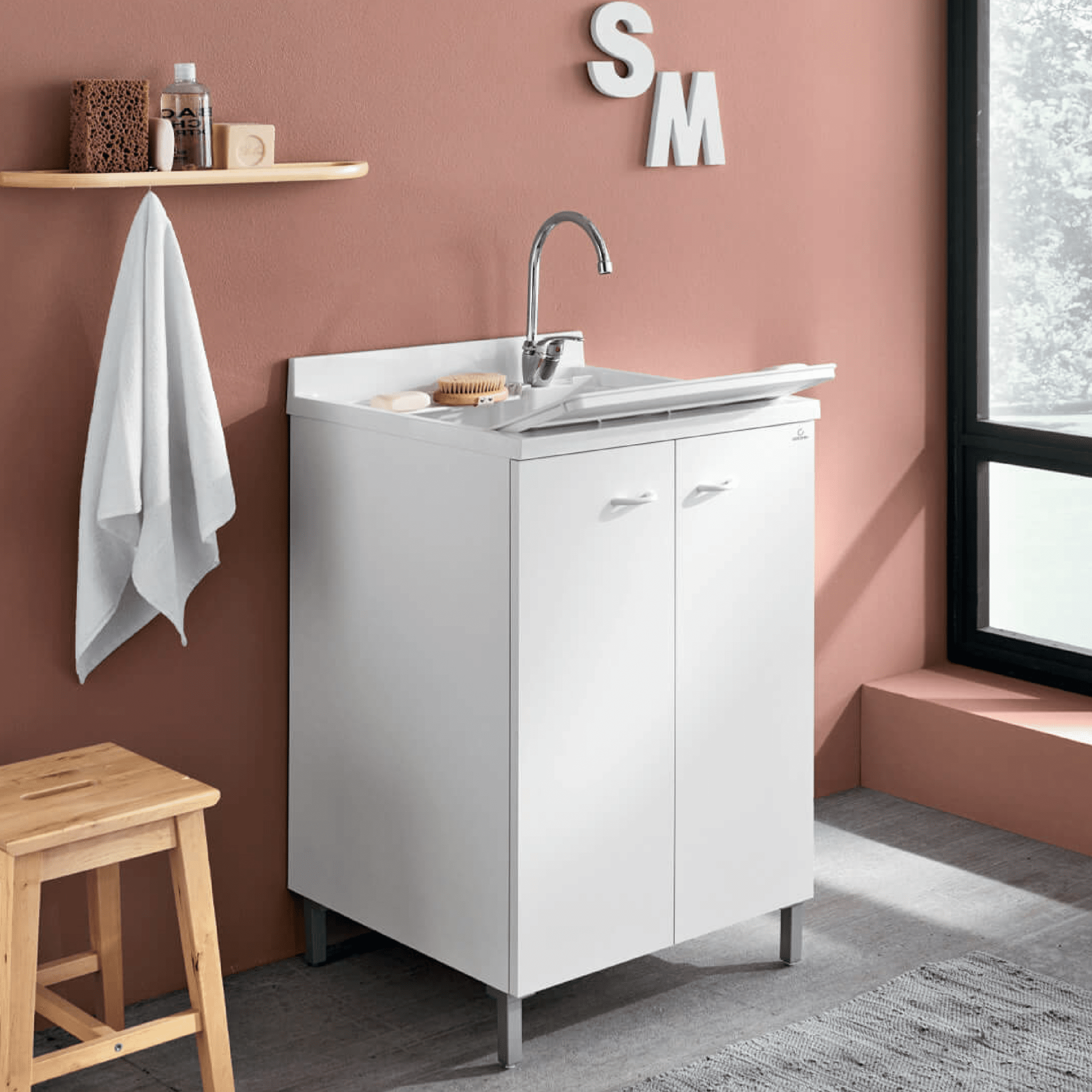 Lavatoio a Terra 60x50 Cm Due Ante Con Vasca Gruppo Geromin "Prima" Bianco Opaco - Dabicasa
