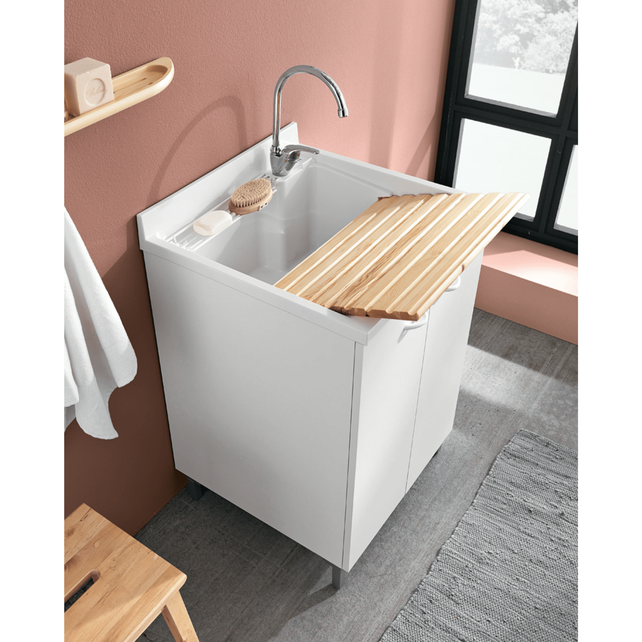 Lavatoio a Terra 60x50 Cm Due Ante Con Vasca Gruppo Geromin "Prima" Bianco Opaco - Dabicasa