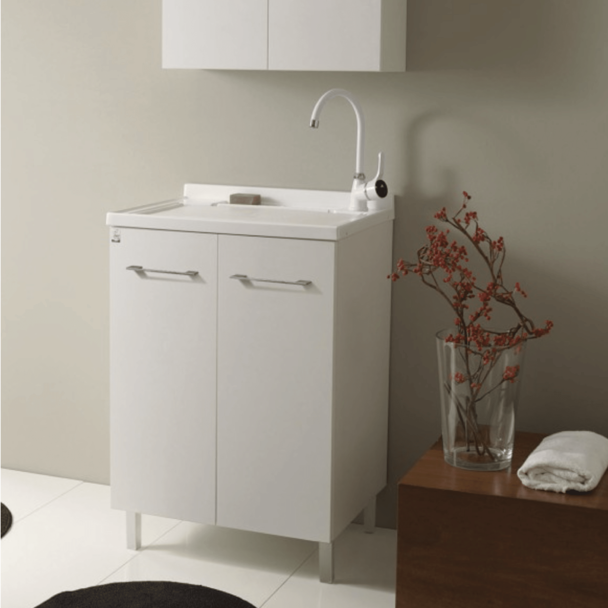 Lavatoio a Terra 60x50 Due Ante Con Vasca e Tavoletta In Polipropilene Xilon "Lavanderina" Bianco Opaco - Dabicasa