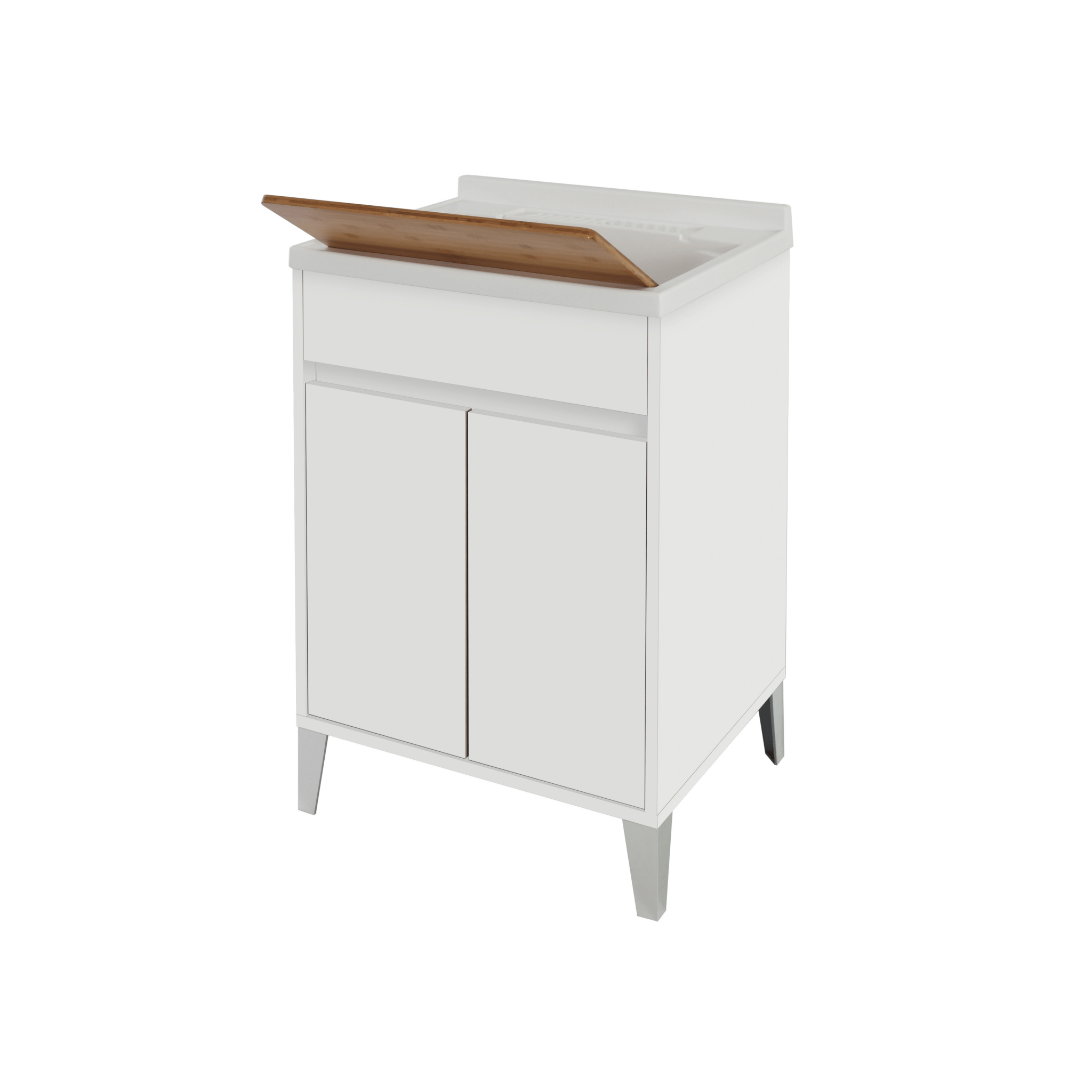 Lavatoio a Terra 60x50 Due Ante Con Vasca Sifone e Tavoletta In Legno Feridras "Mondo 2.0" Bianco Opaco/Bianco Laccato - Dabicasa