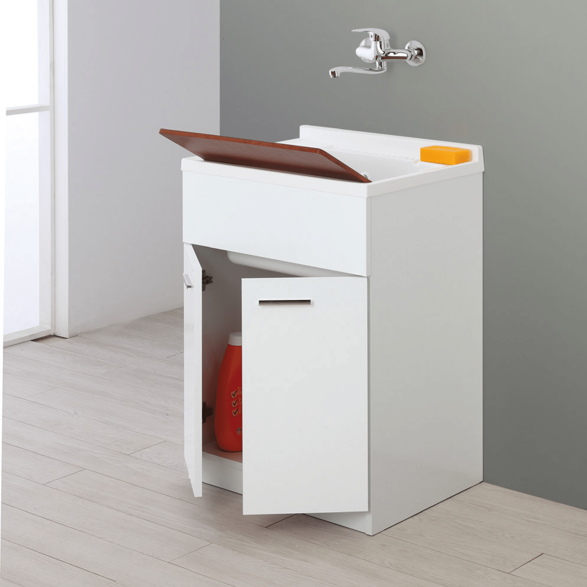 Lavatoio a Terra 60x50 Due Ante Con Vasca Sifone e Tavoletta In Legno Feridras "Stella" Bianco Lucido - Dabicasa