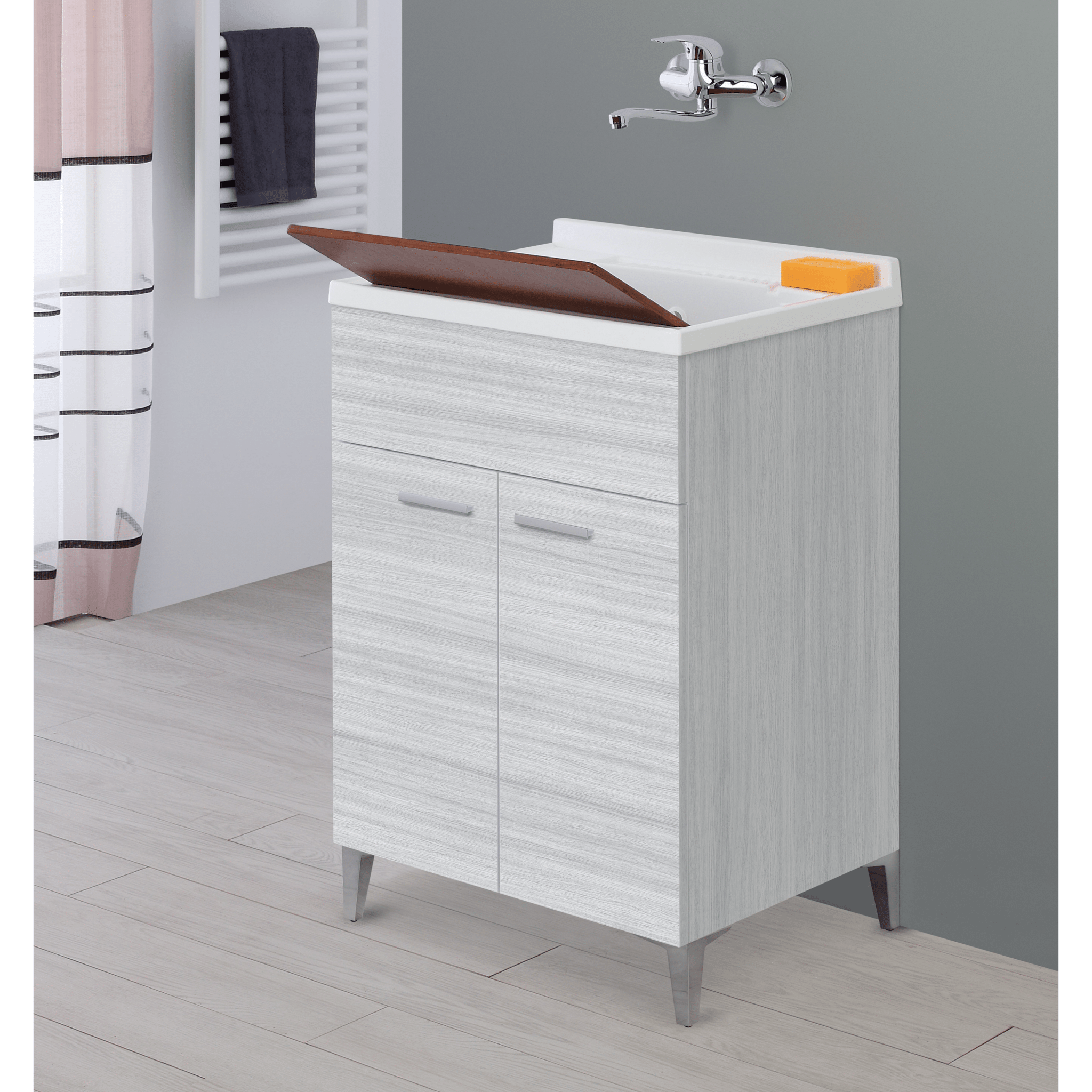 Lavatoio a Terra 60x50 Due Ante Con Vasca Sifone e Tavoletta In Legno Feridras "Stella" Grigio - Dabicasa