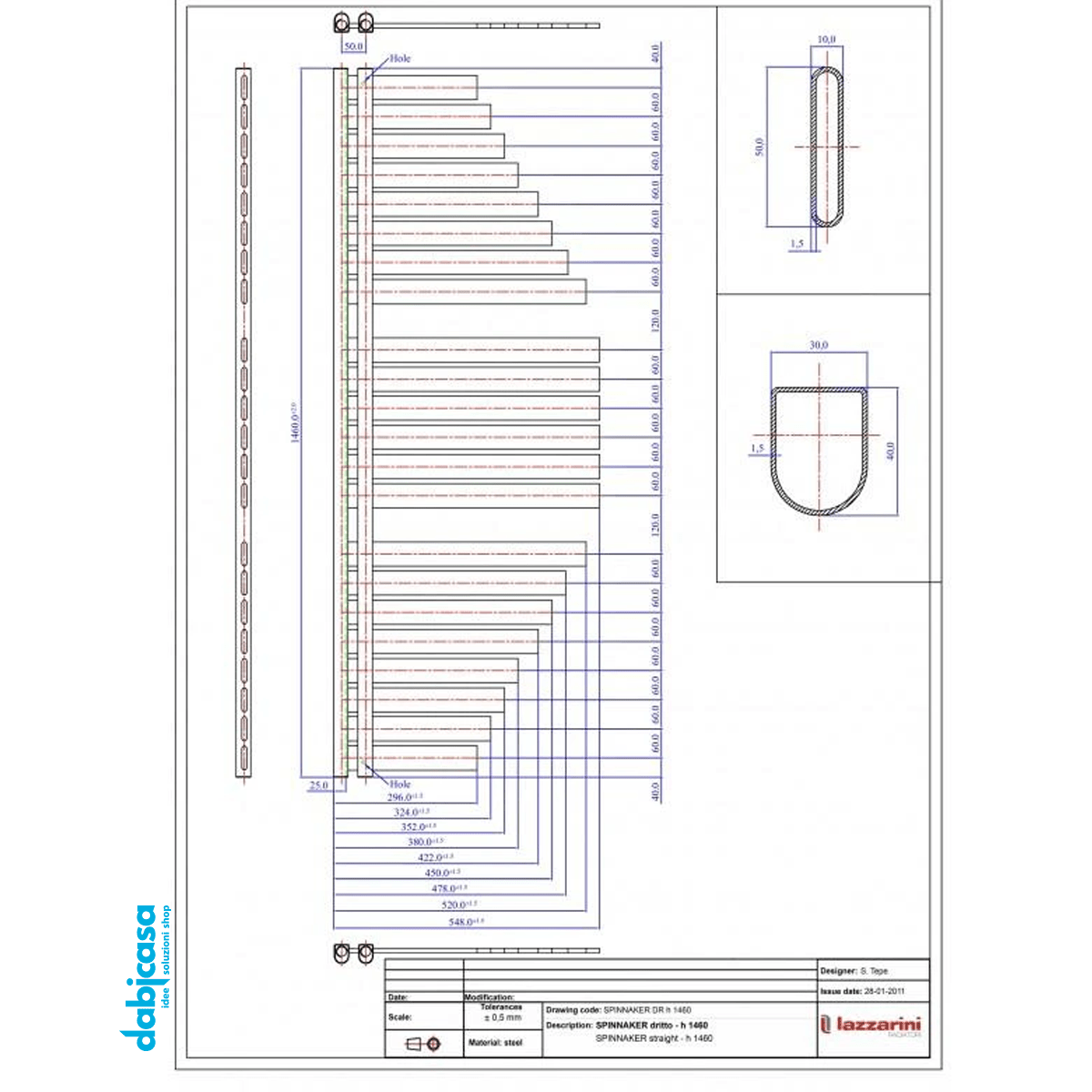 Lazzarini "Spinnaker" Termoarredo Scaldasalviette Antracite Sabbiato 1460X547 Interasse 50 - Dabicasa