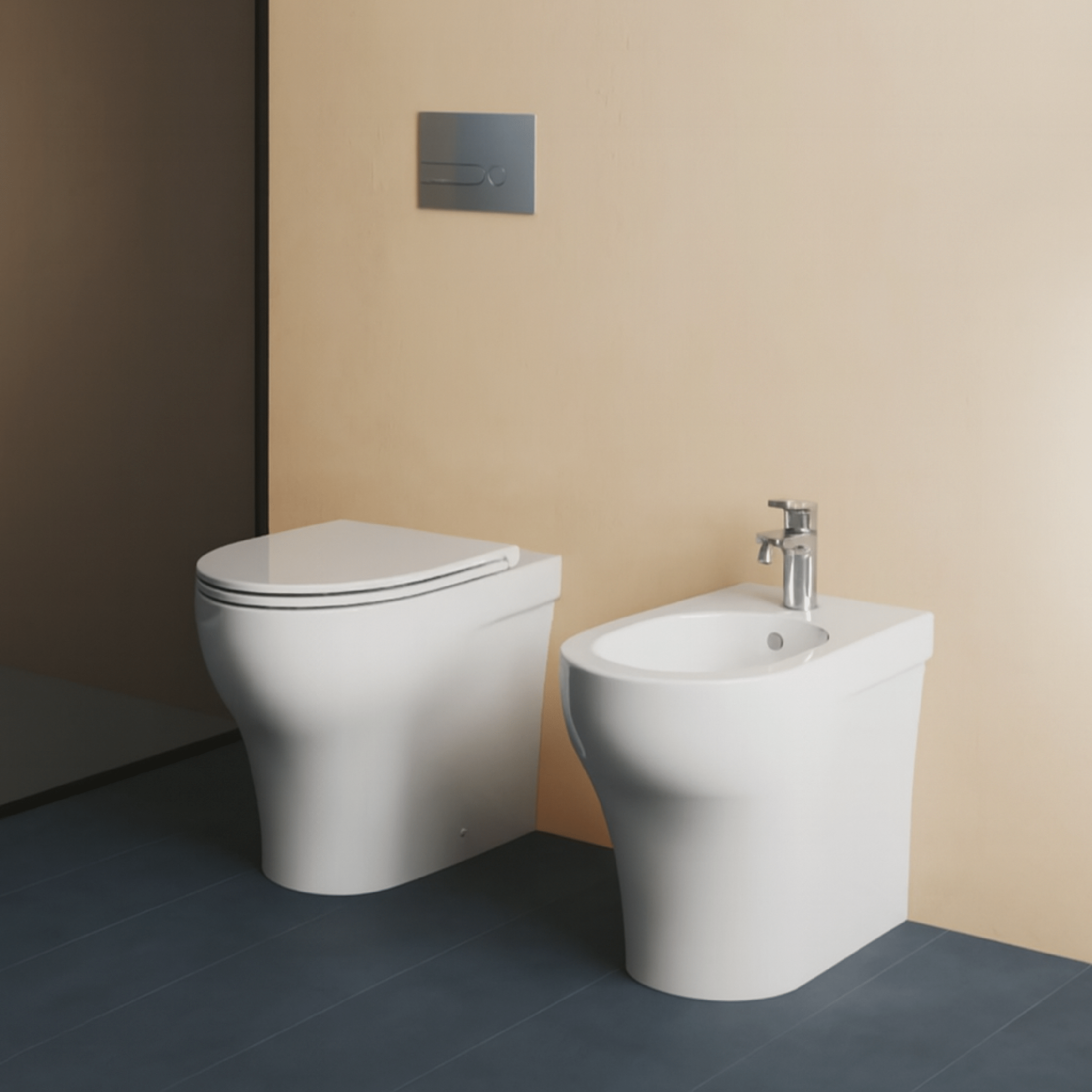 Coppia Di Sanitari a Terra Senza Brida Azzurra Ceramica "Pratica" Bianco Lucido