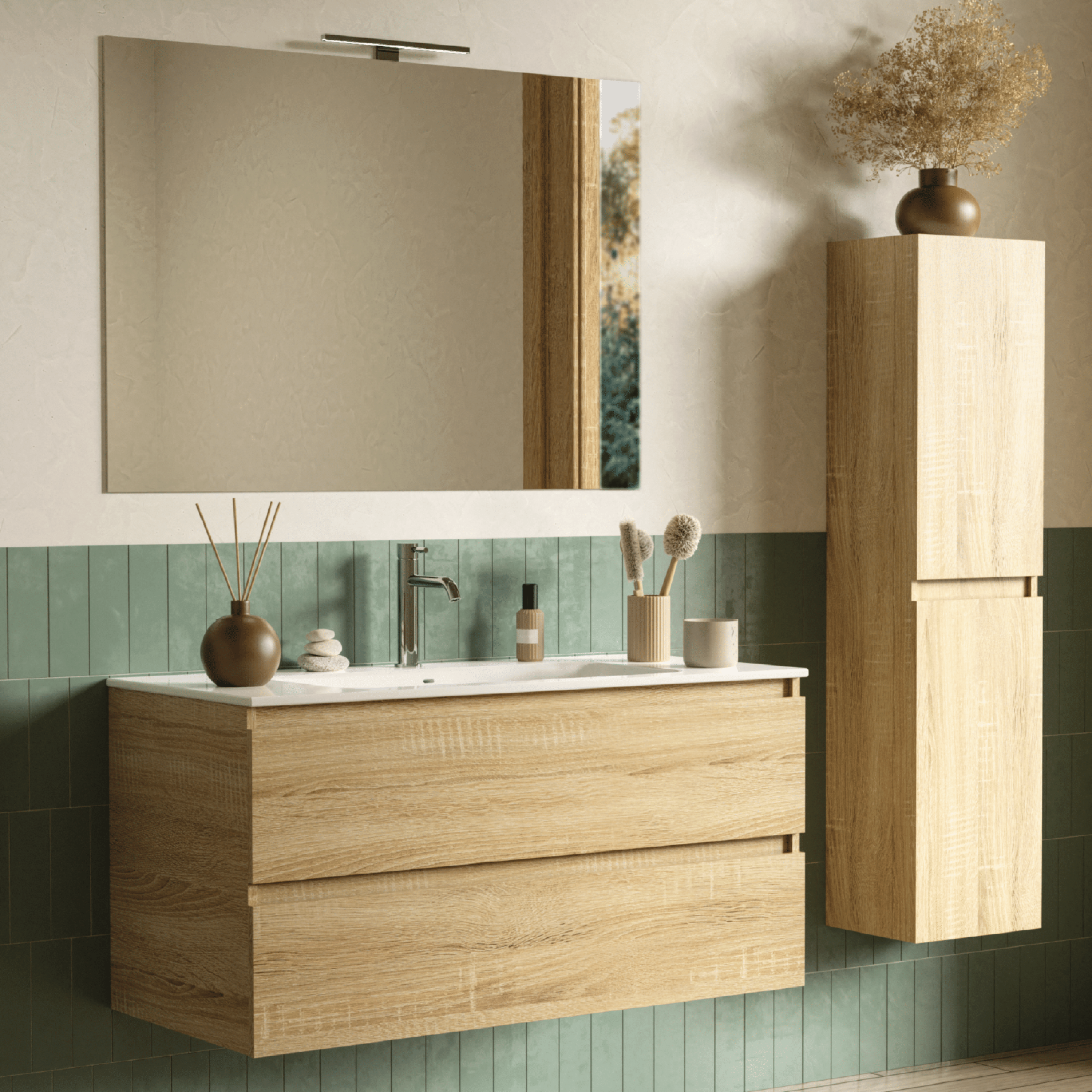 Mobile Bagno Sospeso 70 Cm Due Cassetti Specchio Con Lampada Led 70x90 Cm Esseci Arredo Bagno "Vulcano"