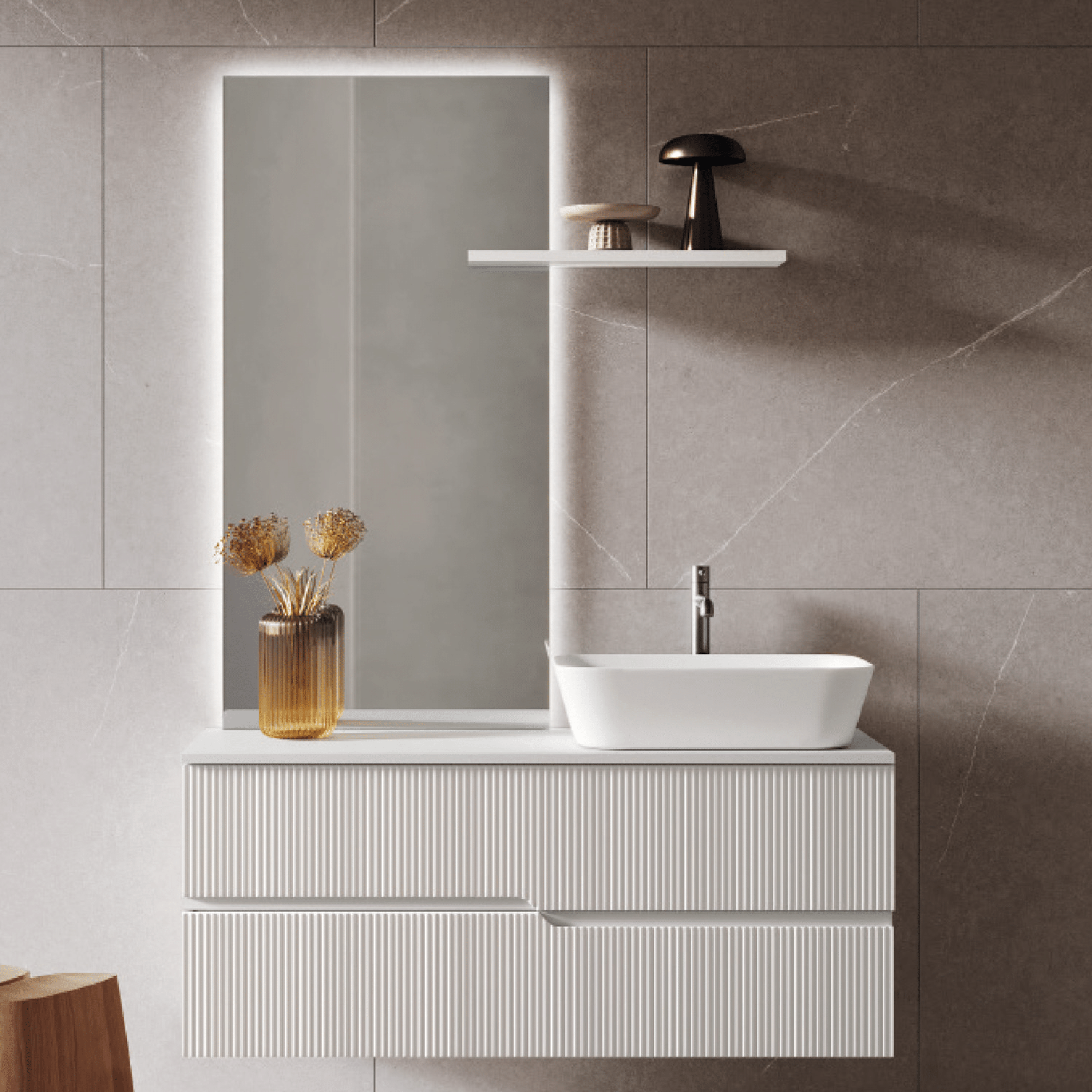 Mobile Bagno Sospeso Cannettato 120 Cm Due Cassetti Specchio Led Con Touch 60x90 Cm ItalBagno "Victor"