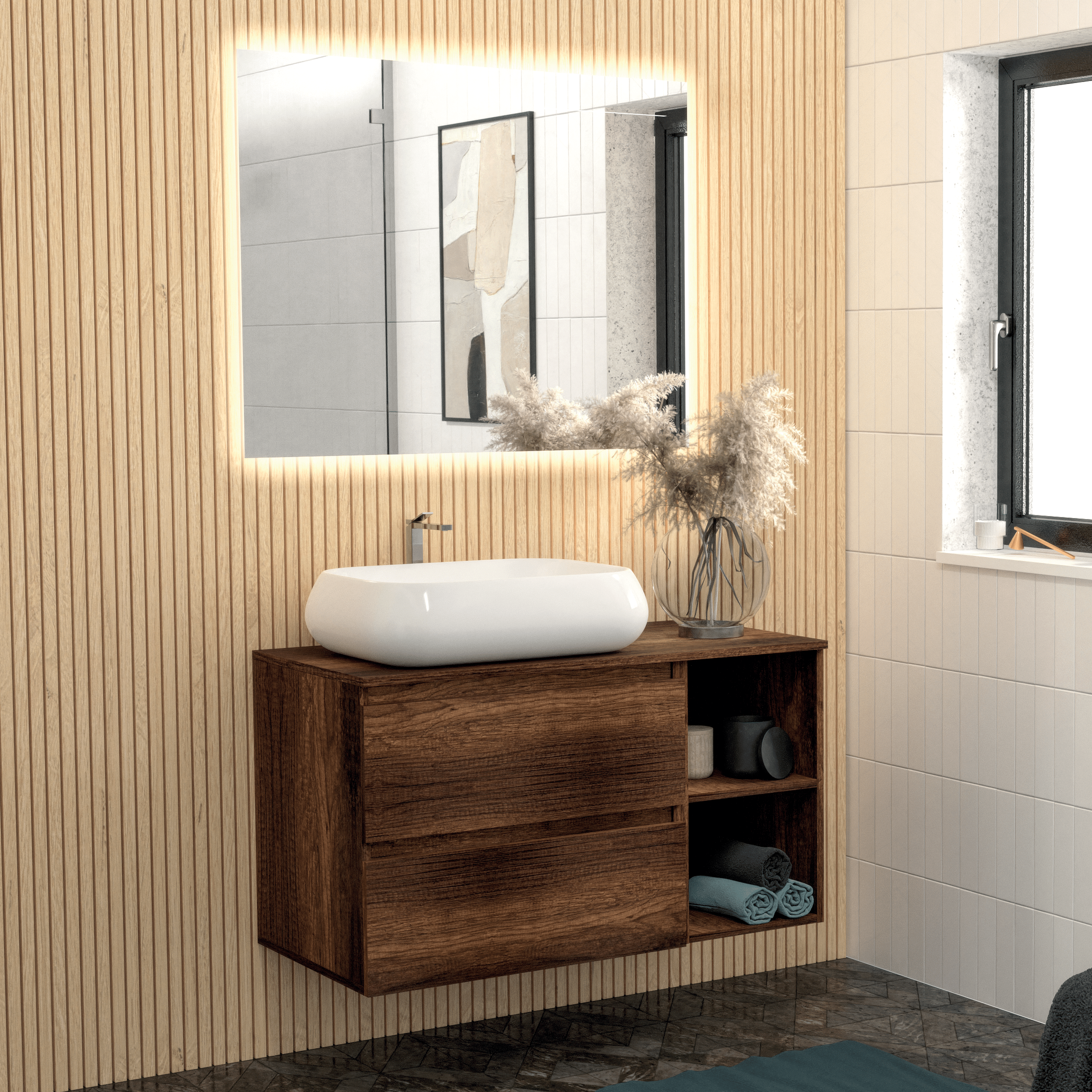 Mobile Bagno Sospeso 90 Cm Due Cassetti Con Vano a Giorno Specchio Retroilluminato 90x70 Cm Esseci Arredo Bagno "Minerva Piano"