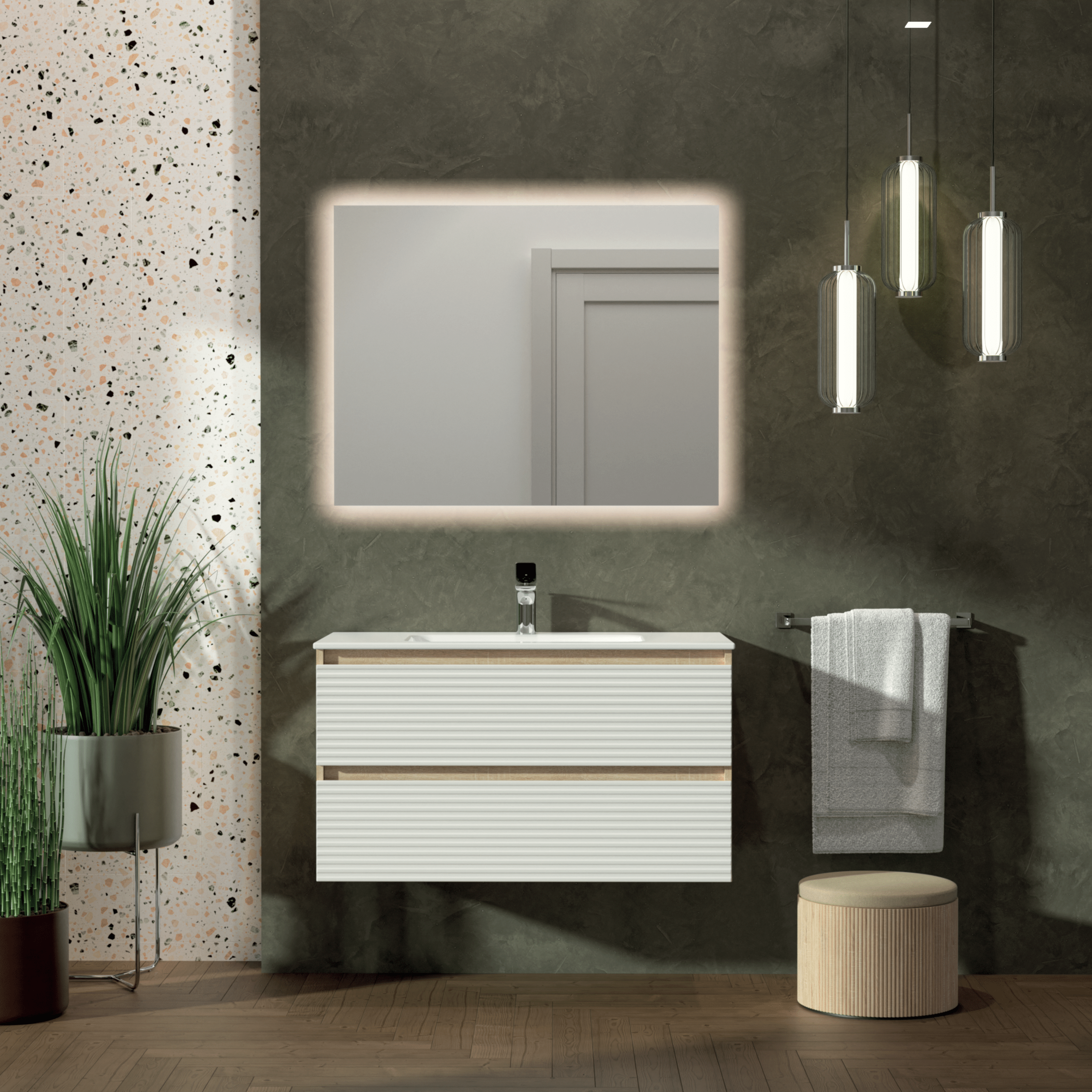 Mobile Bagno Sospeso Cannettato 120 Cm Due Cassetti Specchio Retroilluminato 120x70 Cm Esseci Arredo Bagno "Creta Orizzontale"