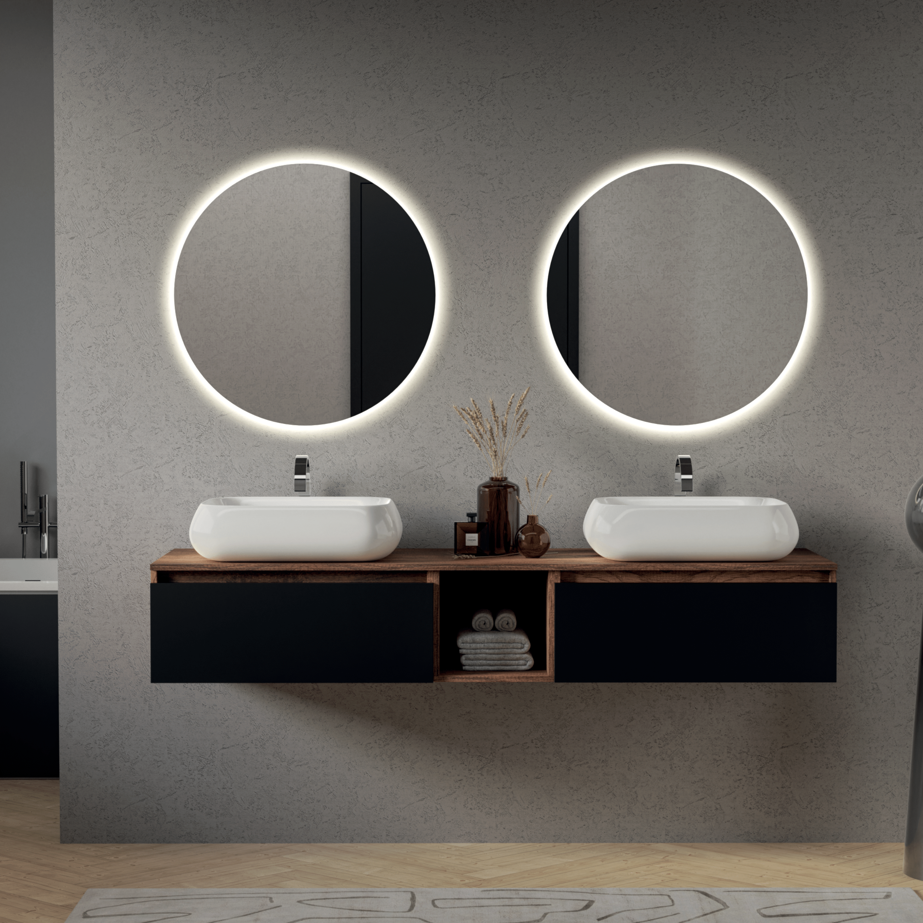 Mobile Bagno Sospeso 190 Cm Due Cassetti Con Vano a Giorno Specchio Retroilluminato Diametro 80 Cm Esseci Arredo Bagno "Venezia"
