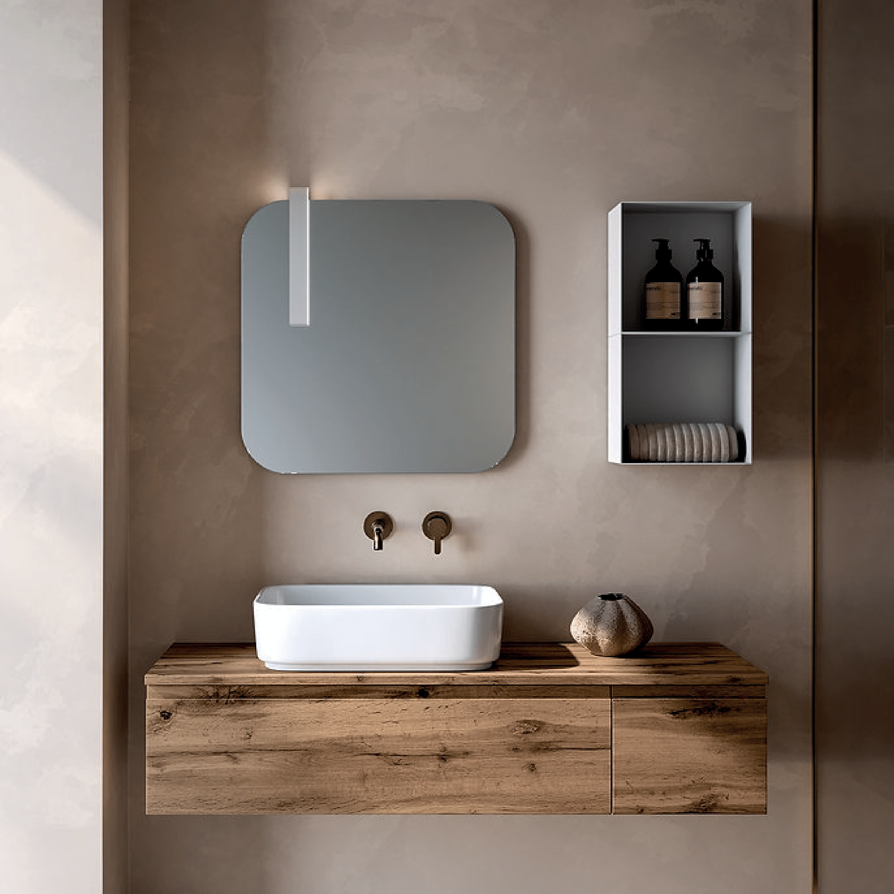 Mobile Bagno Sospeso 120 Cm Un Cassetto Con Anta Specchio Con Lampada Led 60x60 Cm ItalBagno "Kompos 125"
