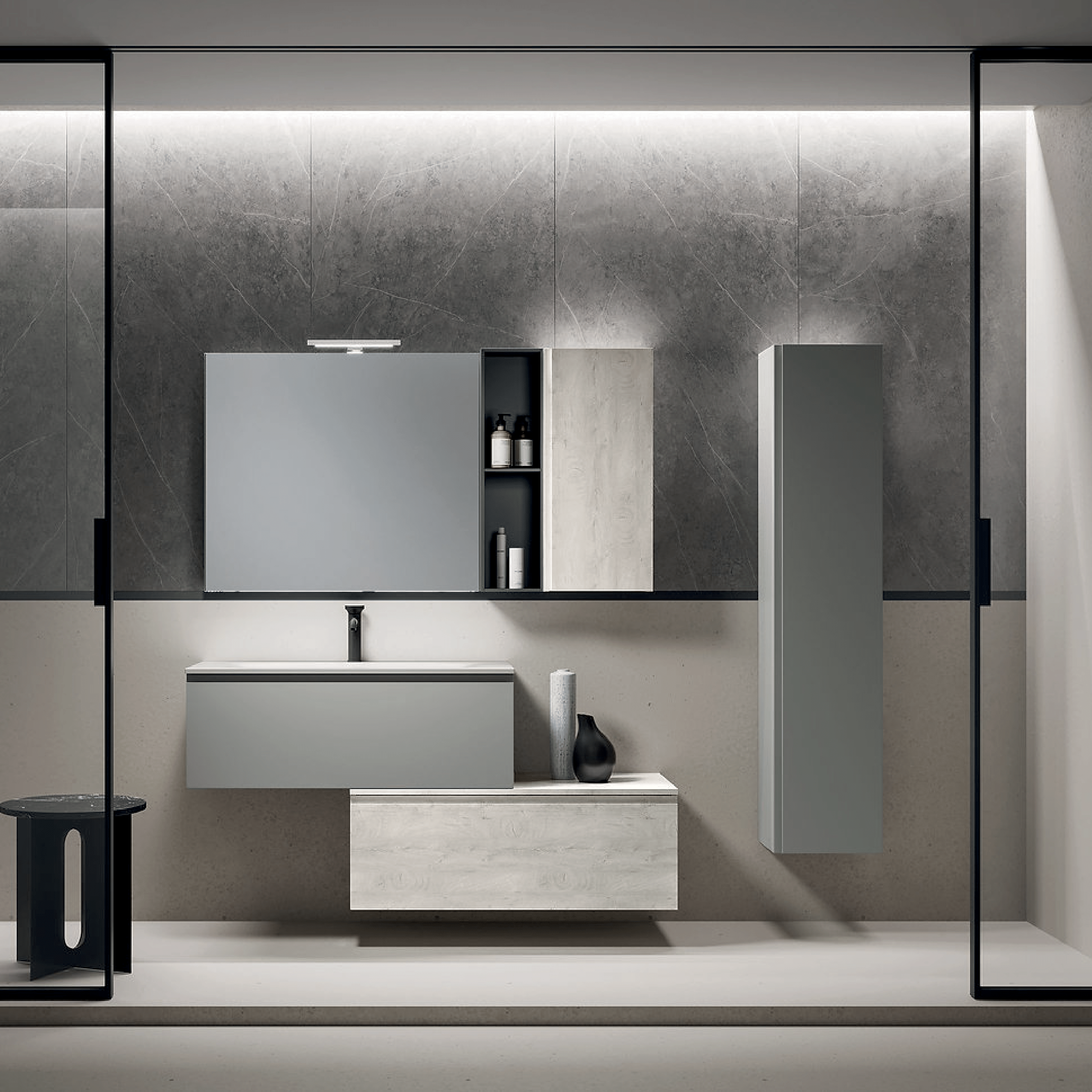 Mobile Bagno Sospeso Sfalsato 100 Cm Due Cassetti Specchio Con Lampada Led Pensile e Vano a Giorno 90x78 Cm ItalBagno "Kompos 119"