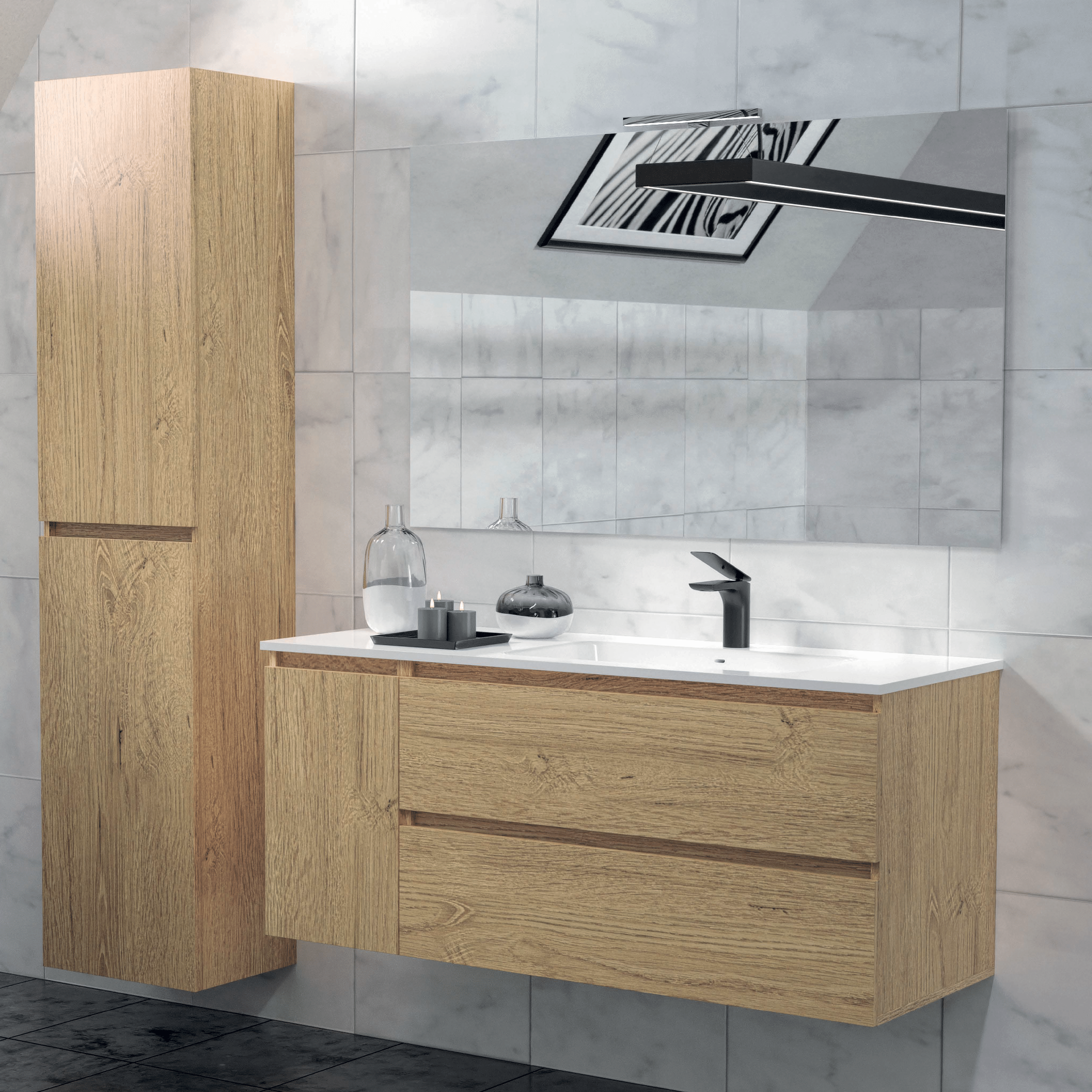 Mobile Bagno Sospeso 120 Cm Due Cassetti Un'Anta Specchio Con Lampada Led 120x70 Cm Esseci Arredo Bagno "Elba"