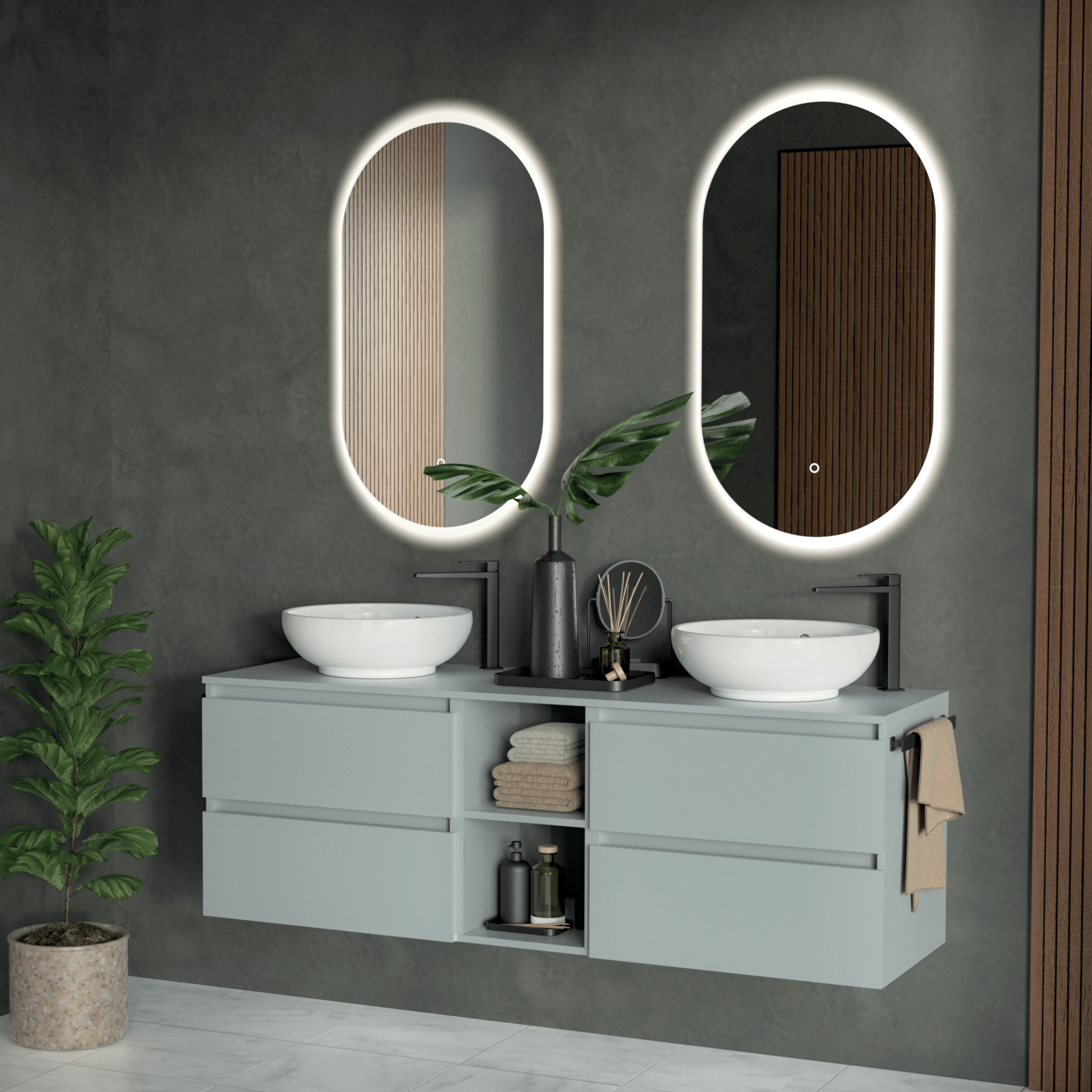 Mobile Bagno Sospeso 190 Cm Quattro Cassetti Con Vano a Giorno Specchi Retroilluminati 50x90 Cm Esseci Arredo Bagno "Tenerife"