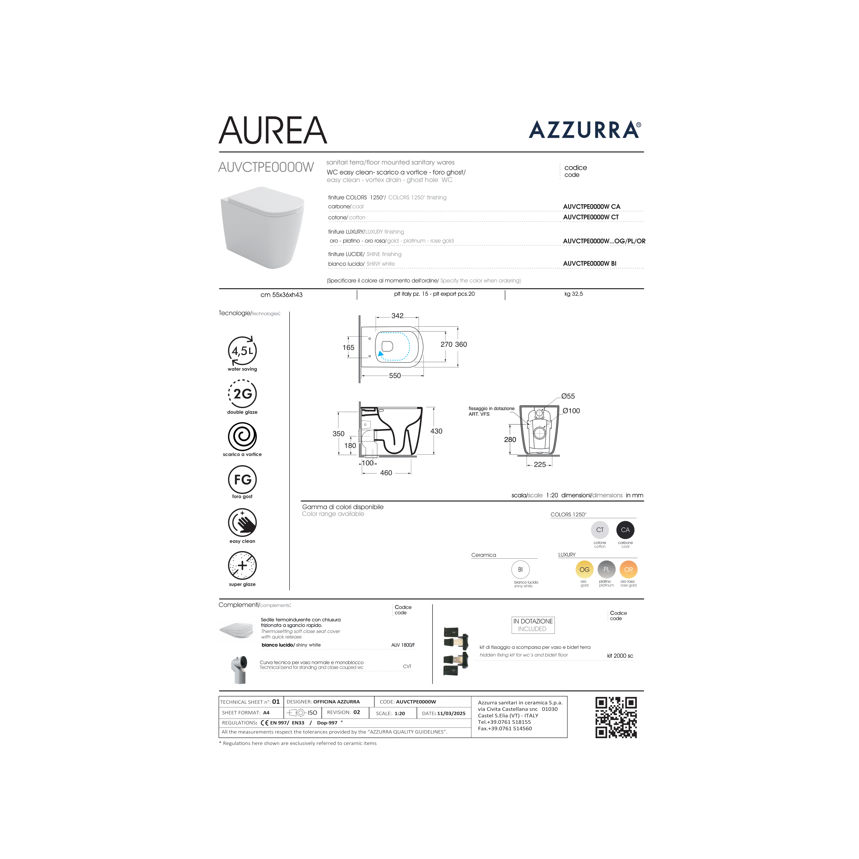 Wc a Terra Senza Brida Azzurra Ceramica "Aurea" Bianco Lucido