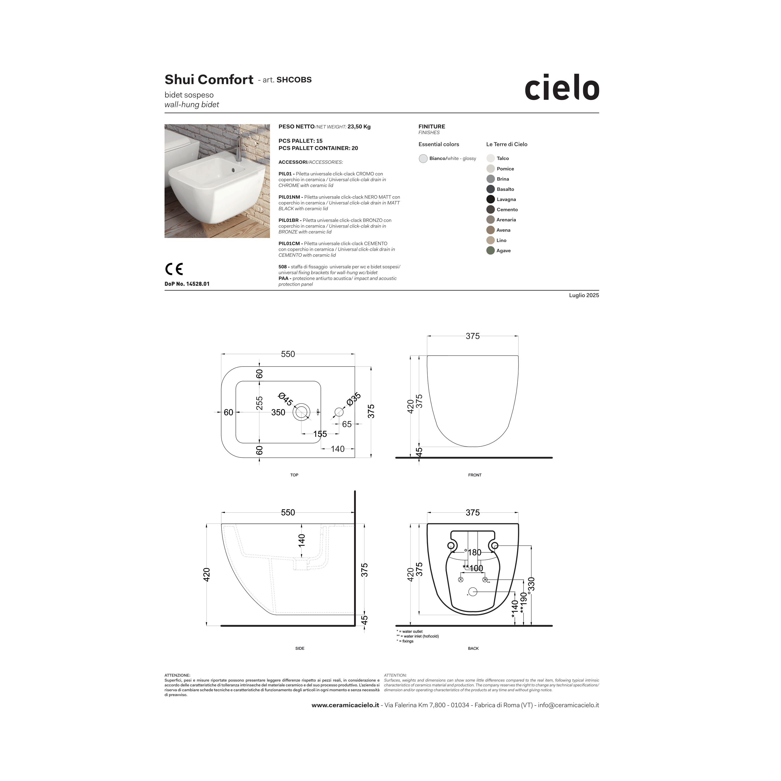 Bidet Sospeso Ceramica Cielo "Shui Comfort" Bianco Lucido