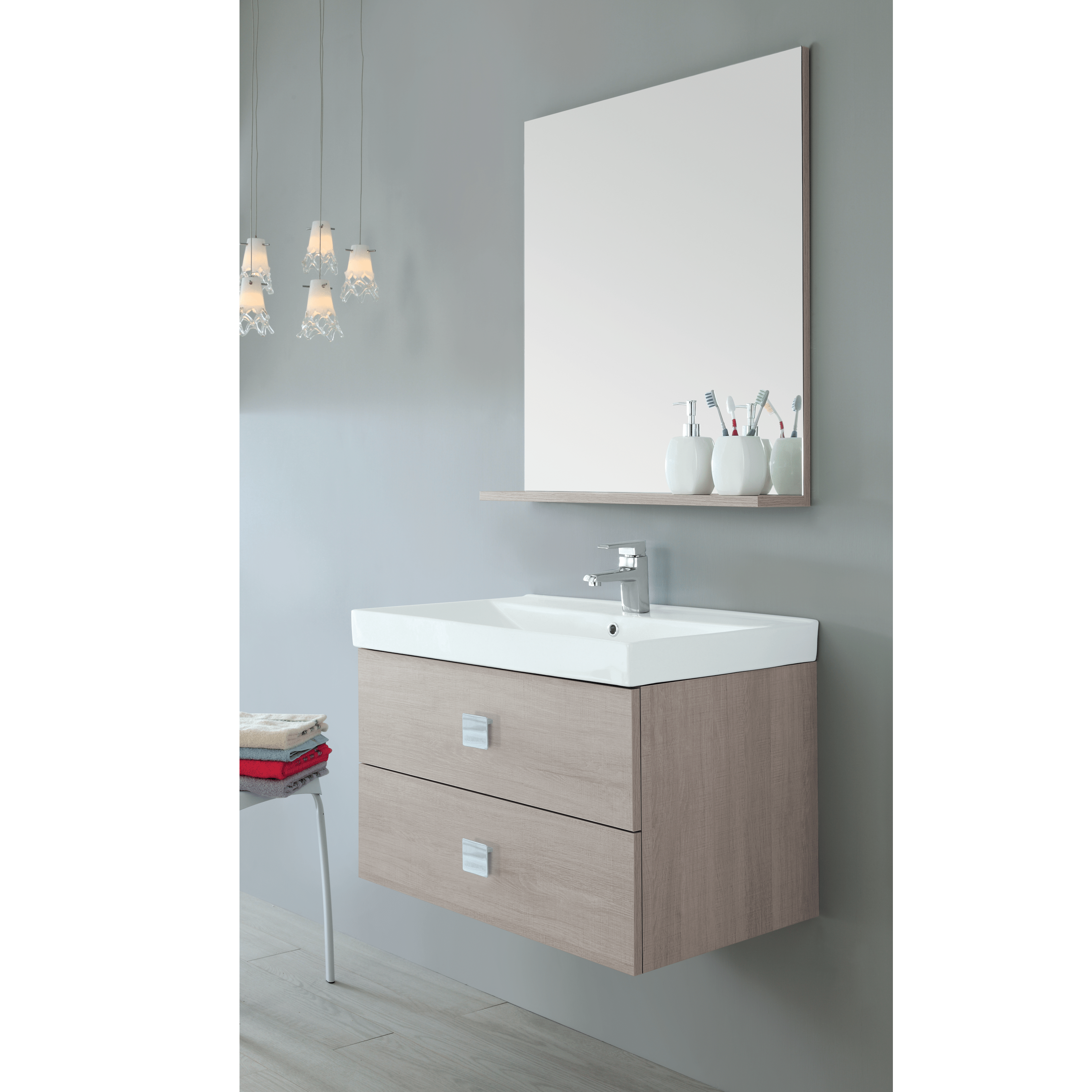 Mobile Bagno Sospeso 75 Cm Due Cassetti Specchio Con Mensola Feridras "Bravo" Rovere Chiaro