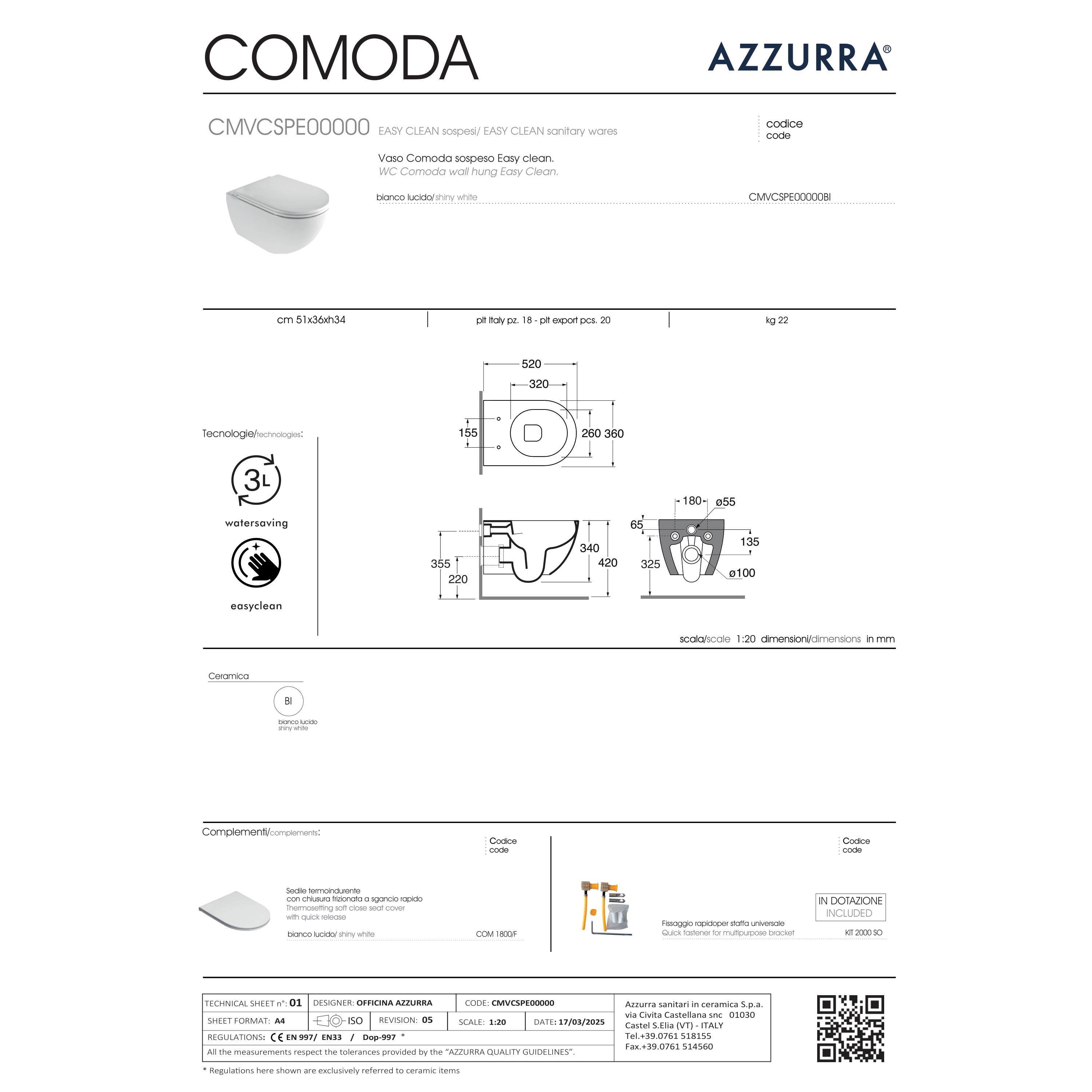 Wc Sospeso Senza Brida Azzurra Ceramica "Comoda" Bianco Lucido
