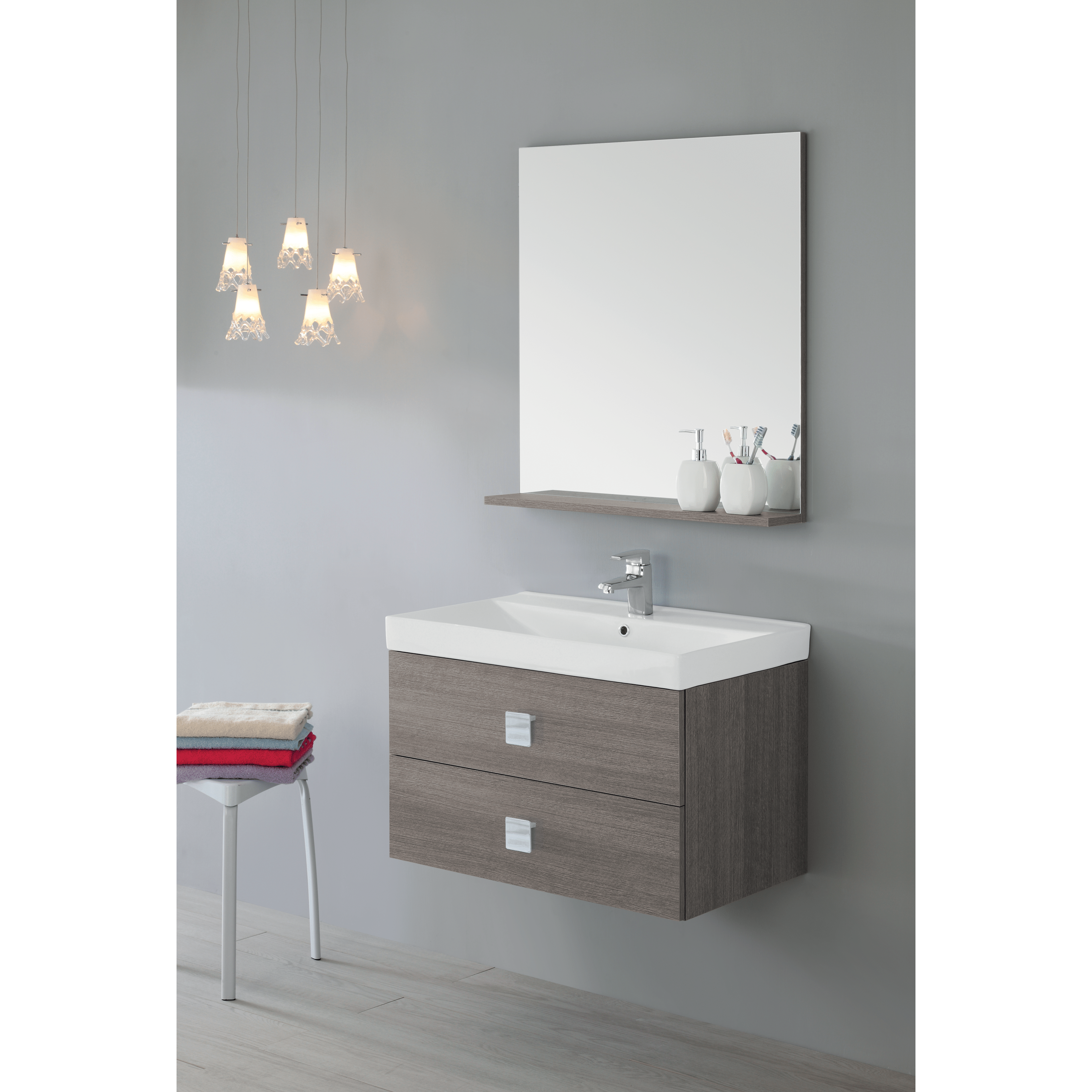 Mobile Bagno Sospeso 75 Cm Due Cassetti Specchio Con Mensola Feridras "Bravo" Rovere Scuro