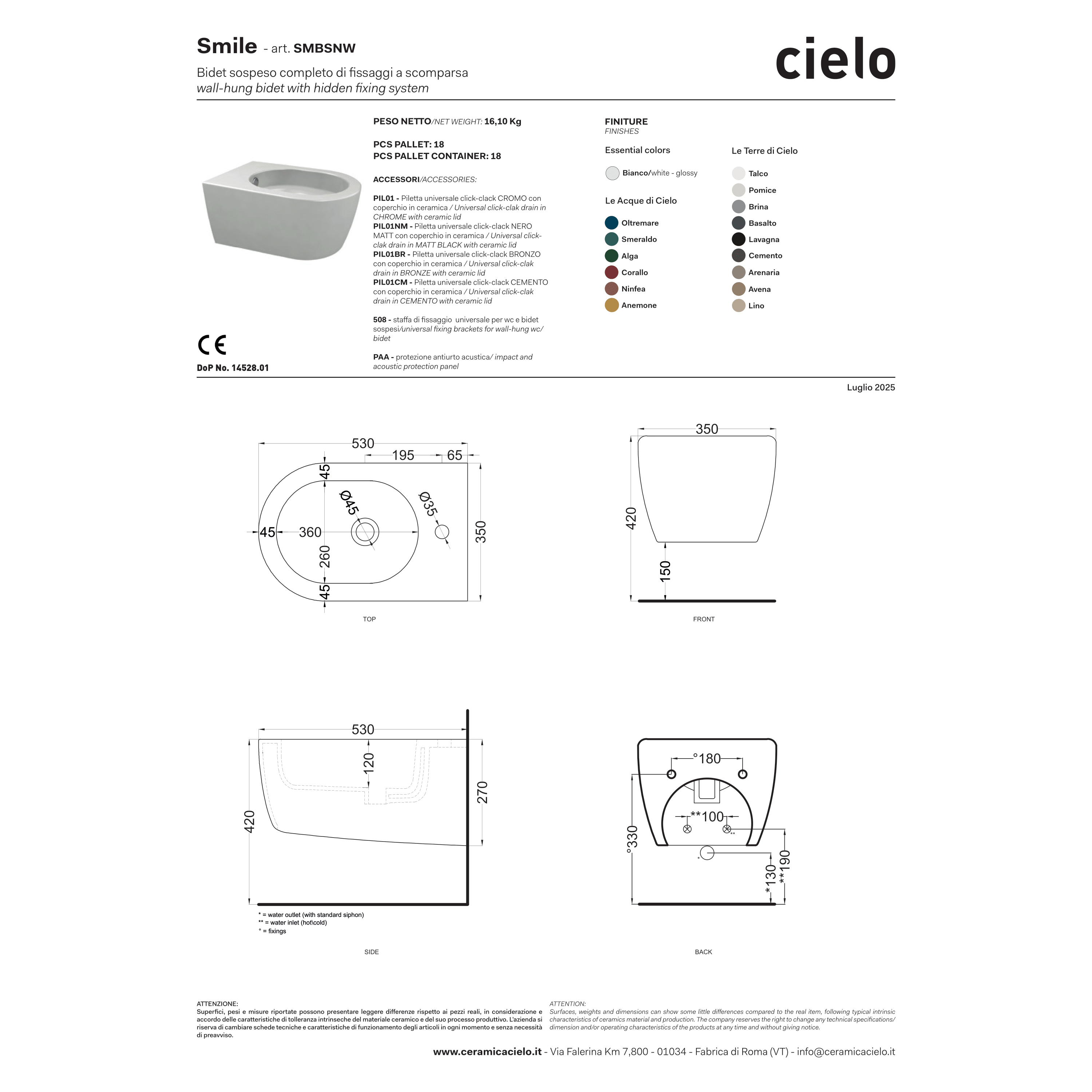 Coppia Di Sanitari Sospesi Senza Brida Ceramica Cielo "Smile 53" Bianco Lucido