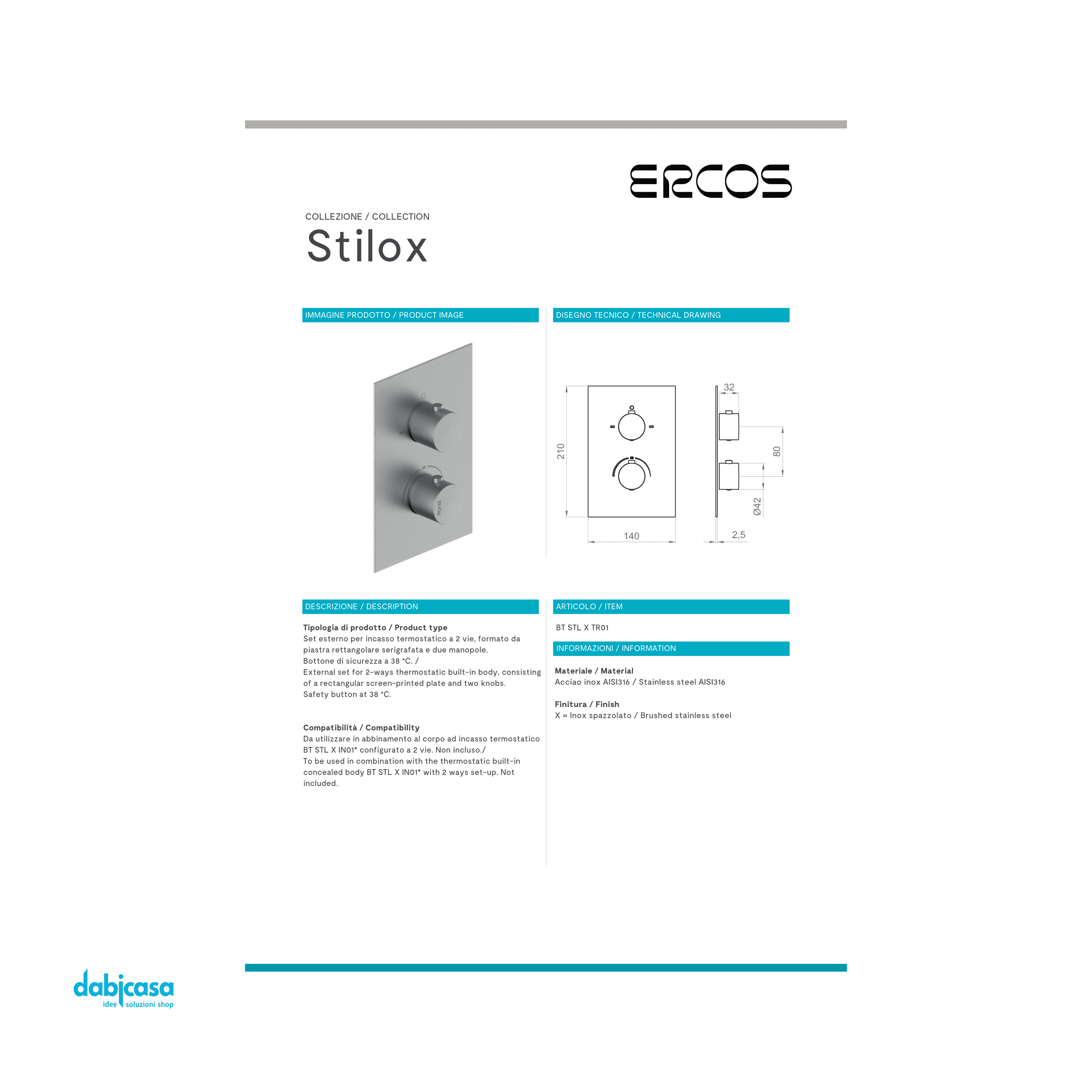 Ponsi "Stilox" Miscelatore Doccia Termostatico 2 Uscite Acciaio Inox Spazzolato Completo Di Parte da Incasso