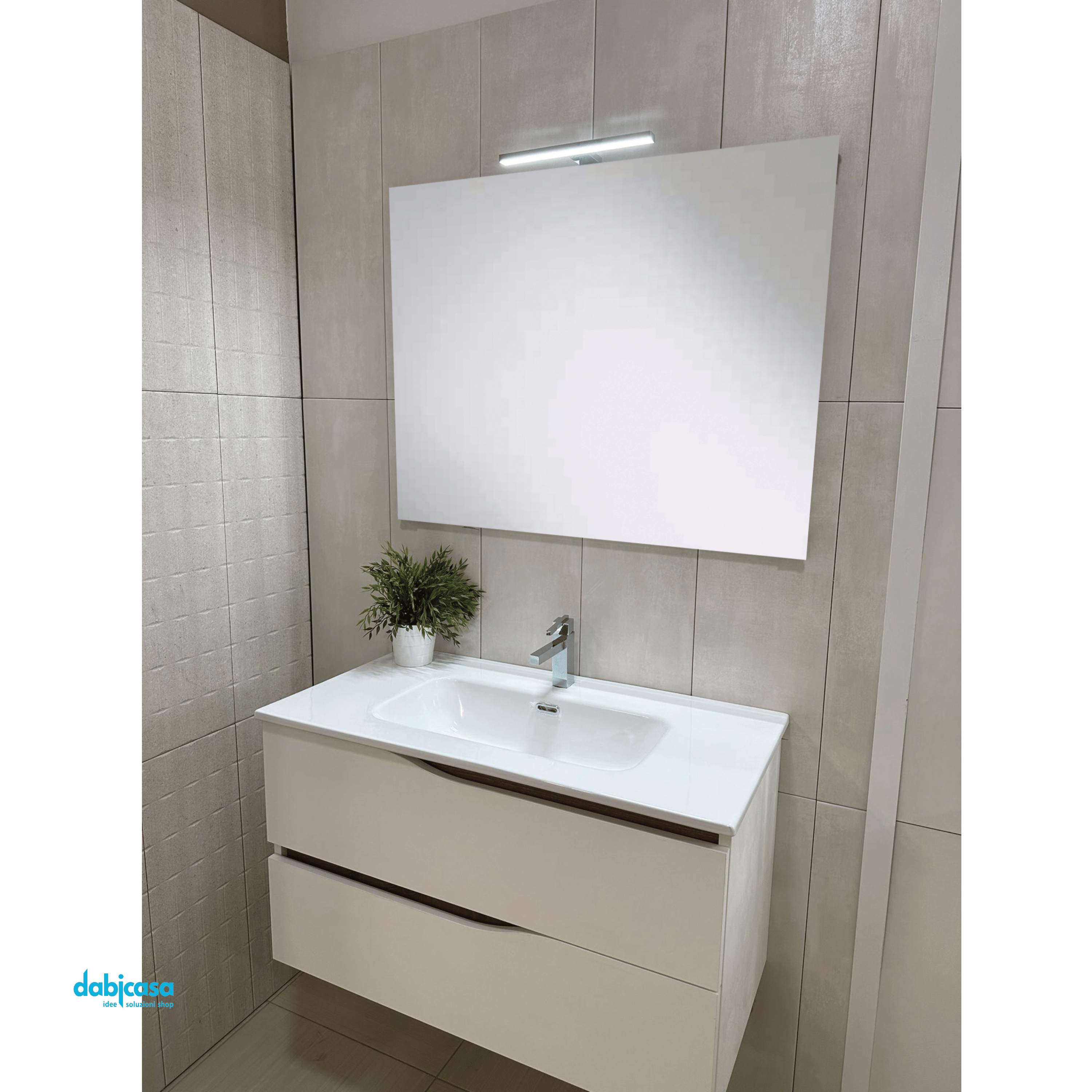 Mobile Bagno Sospeso "Smart" Da 90 Cm Composto Da Due Cassetti Lavabo E Specchio Con Lampada Led Finitura Bianco/Sherwood Natural