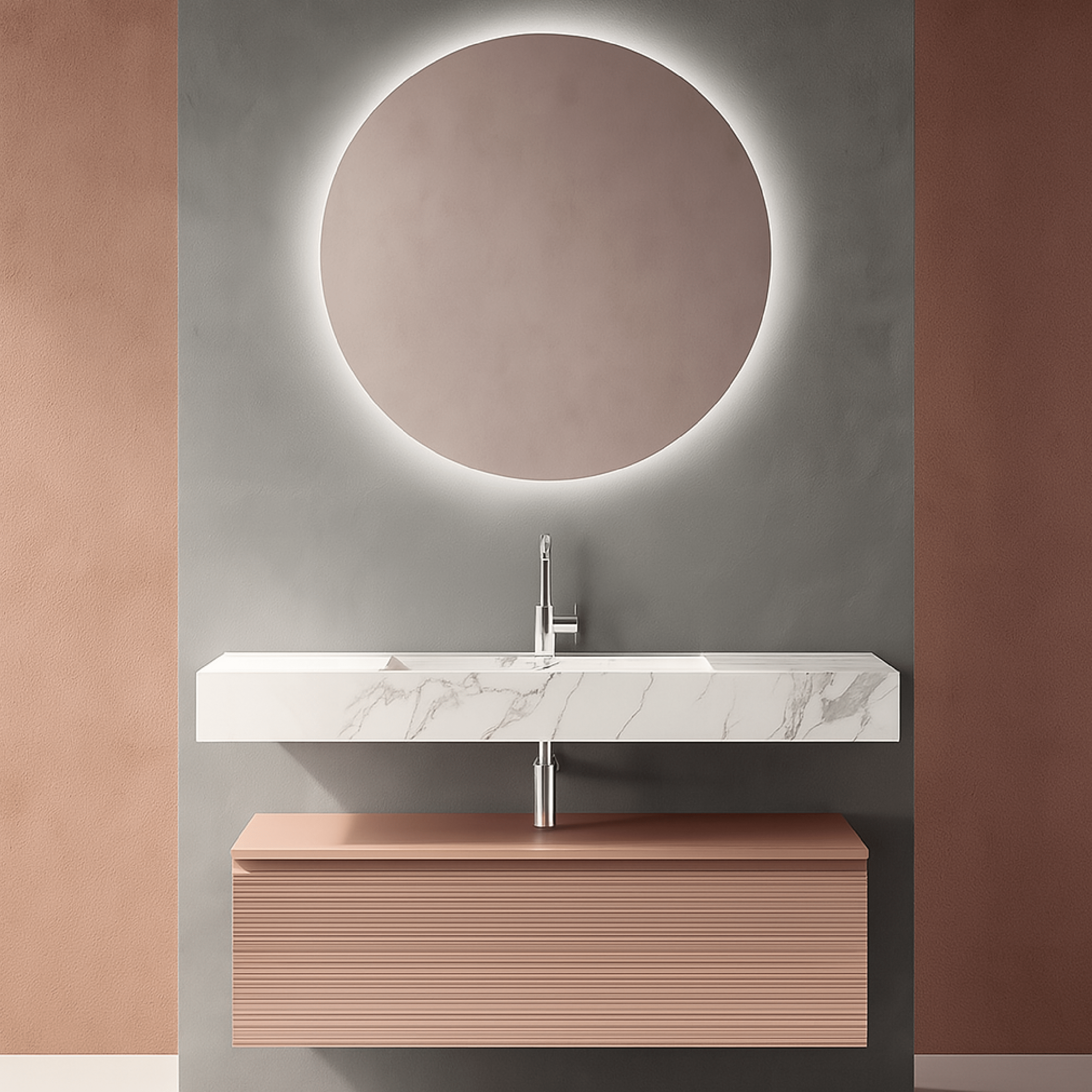 Mobile Bagno Sospeso 120 Cm Top 120 Cm Specchio Retroilluminato Diam.90 ItalBagno "Diamante 112"