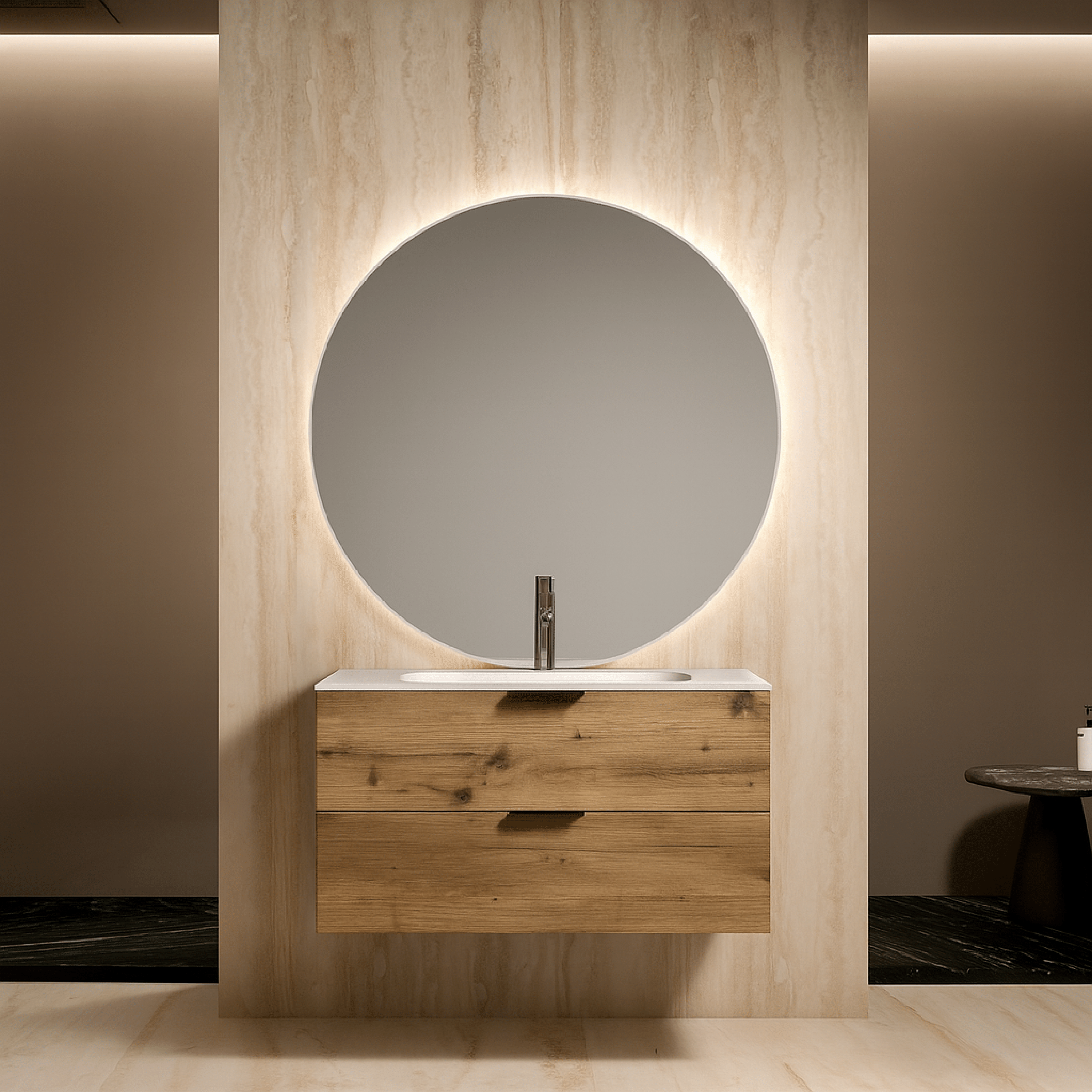 Mobile Bagno Sospeso 90 Cm Due Cassetti Specchio Retroilluminato Tondo Diam.90 Cm ItalBagno "Venus 101" Quercia