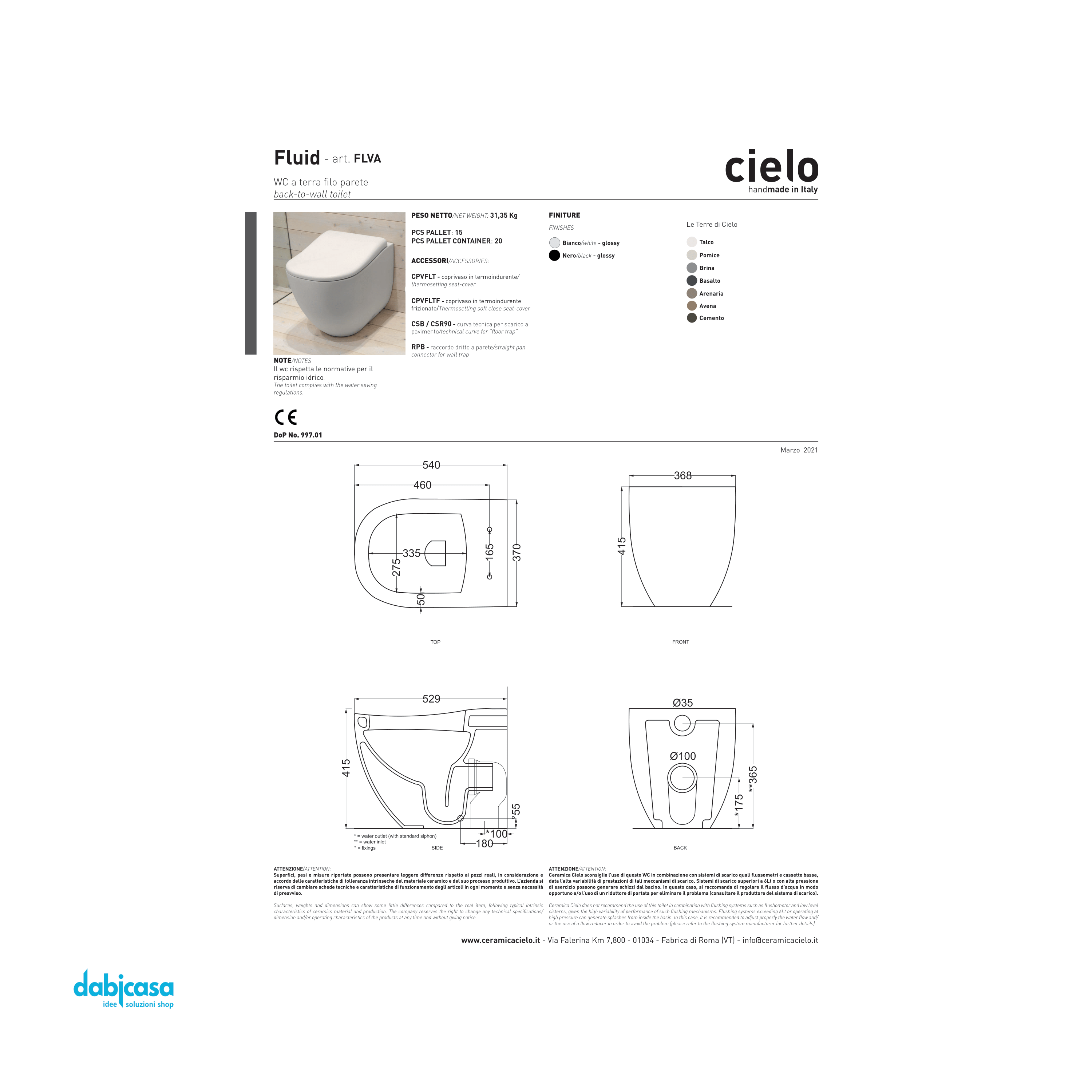 Ceramica Cielo "Fluid" Wc Terra Filoparete Bianco Lucido Con Brida