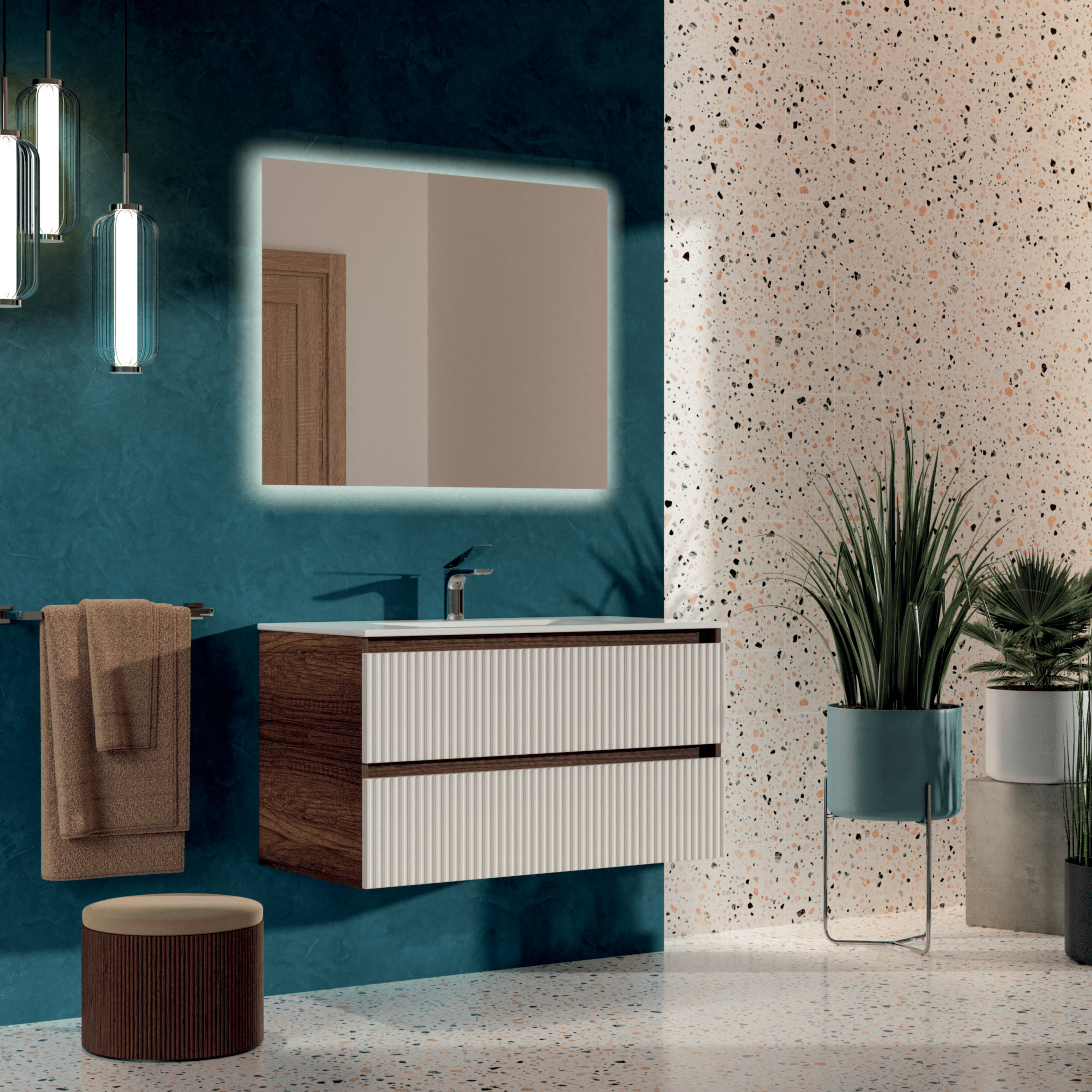 Mobile Bagno Sospeso Cannettato 120 Cm Due Cassetti Specchio Retroilluminato 120x70 Cm Esseci Arredo Bagno "Creta Verticale"