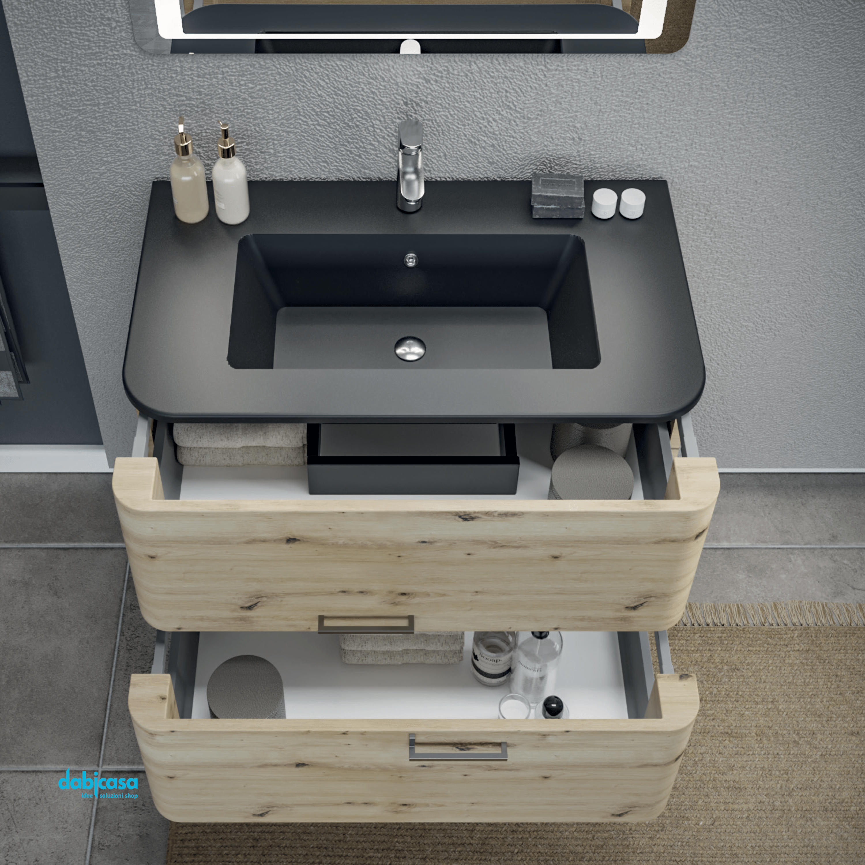 Mobile Bagno Sospeso "Geos" Da 80 Cm Composto Da Due Cassetti Lavabo E Specchio Finitura Nero Opaco/Rovere Oro