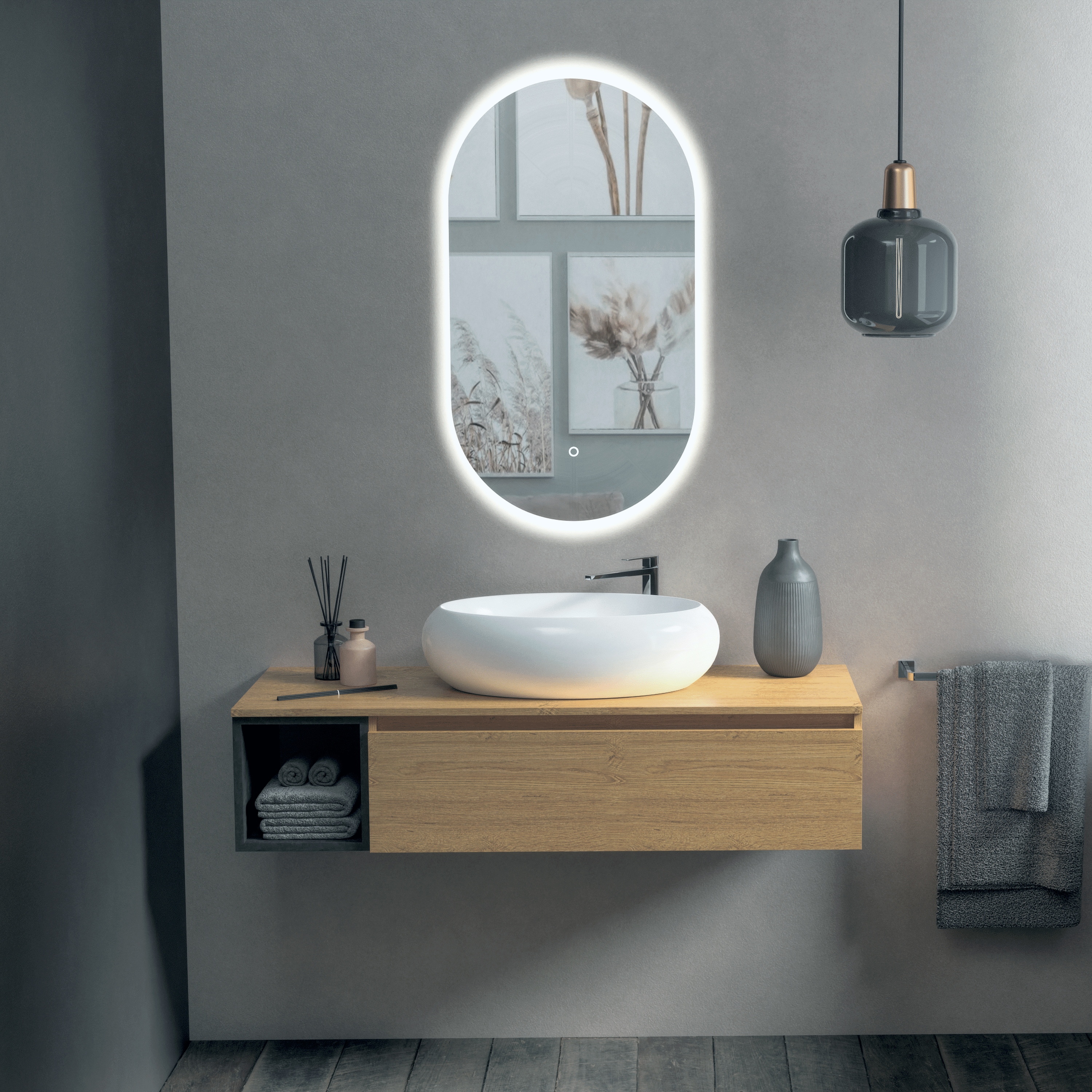 Mobile Bagno Sospeso 120 Cm Un Cassetto Con Vano a Giorno Specchio Retroilluminato 50x90 Cm Esseci Arredo Bagno "Ischia"