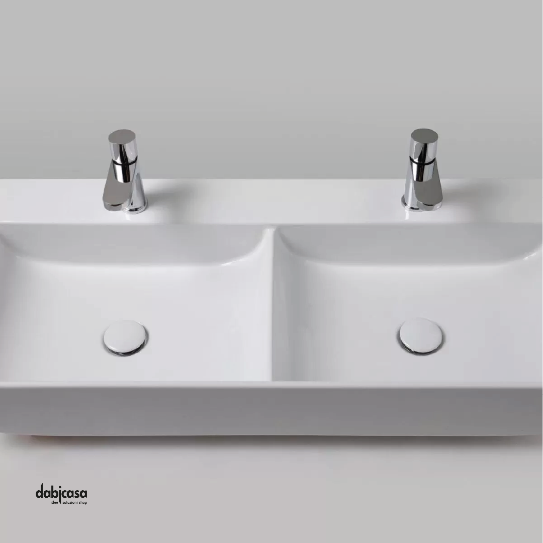 Azzurra Ceramica "Leuca" Lavabo Doppia Vasca Sospeso/D'Appoggio Da 100x45 Con Foro Rubinetteria Bianco Lucido