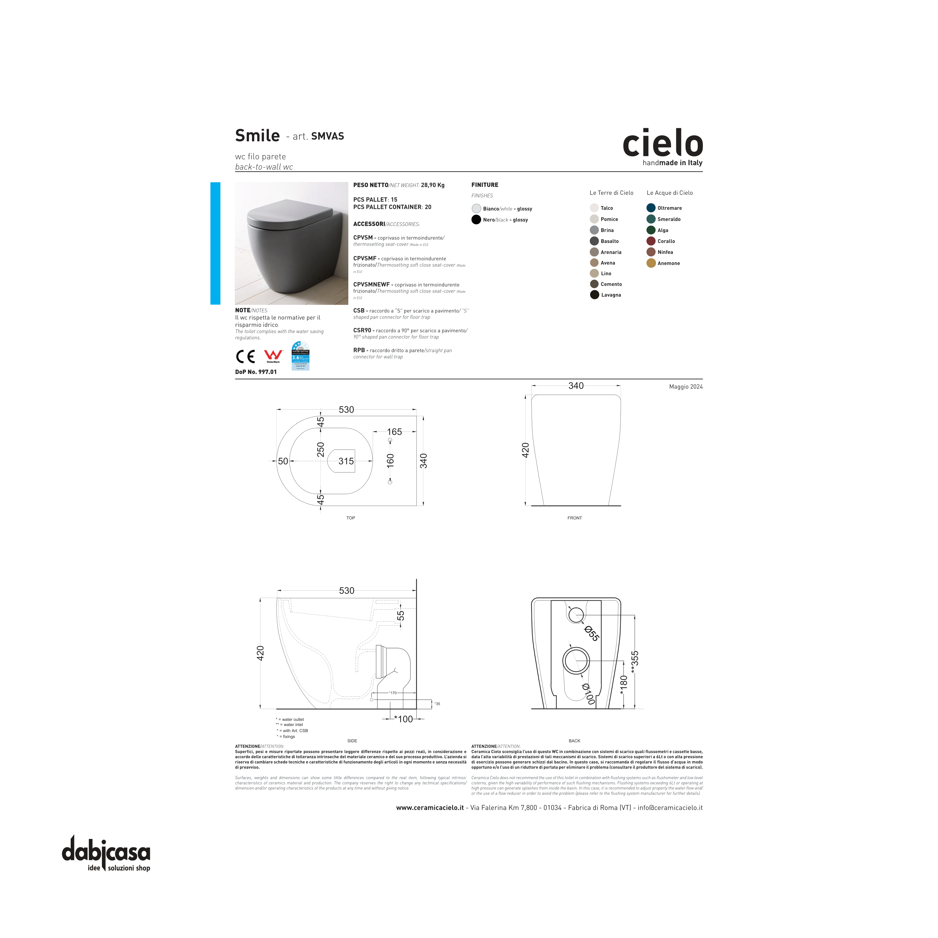 Ceramica Cielo "Smile 53" Wc Terra Filoparete Bianco Lucido