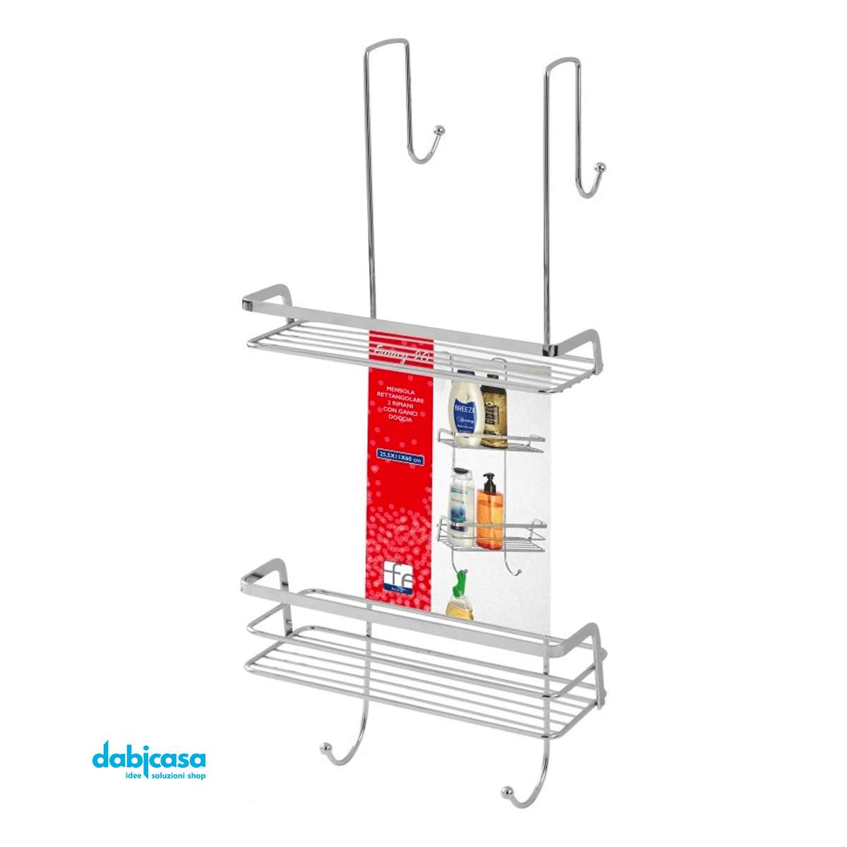 Mensola Rettangolare "Francy 2.0" Con Due Ripiani e Gancio Doccia Acciaio Cromato Lucido - Dabicasa