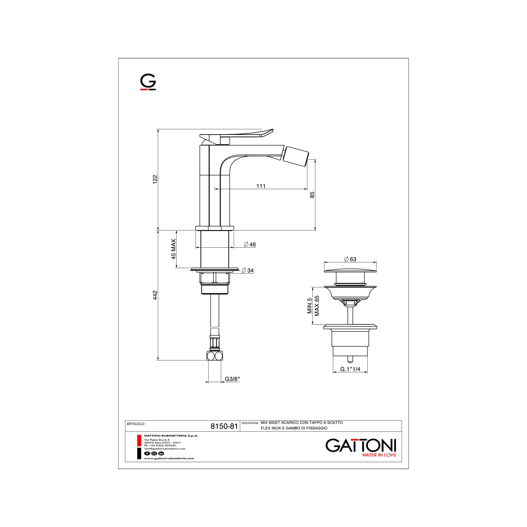 Miscelatore Bidet Monoforo Con Scarico Gattoni Rubinetteria "Soffiò" Cromo Lucido - Dabicasa