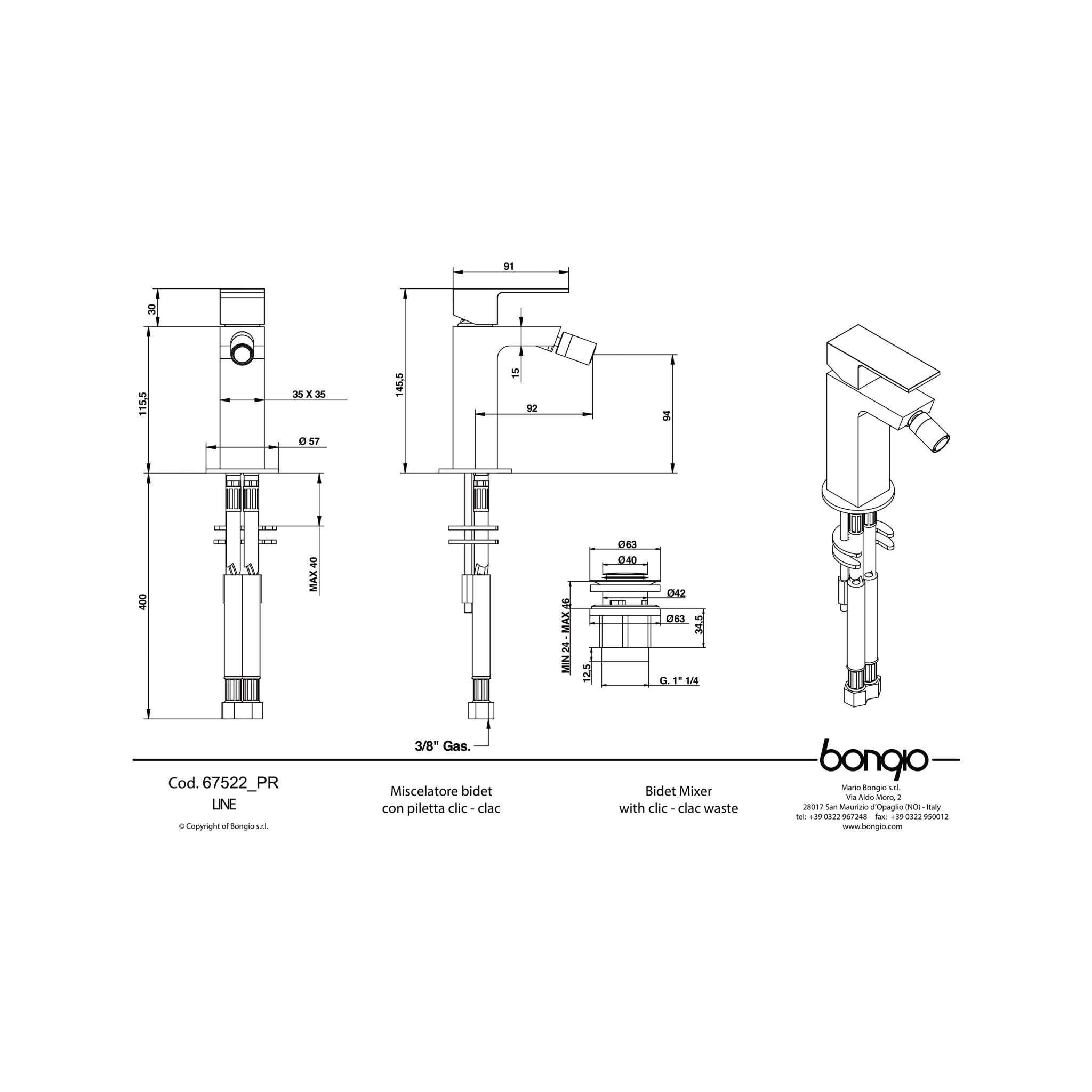 Miscelatore Bidet Monoforo Con Scarico Mario Bongio "Line" Cromo Lucido - Dabicasa