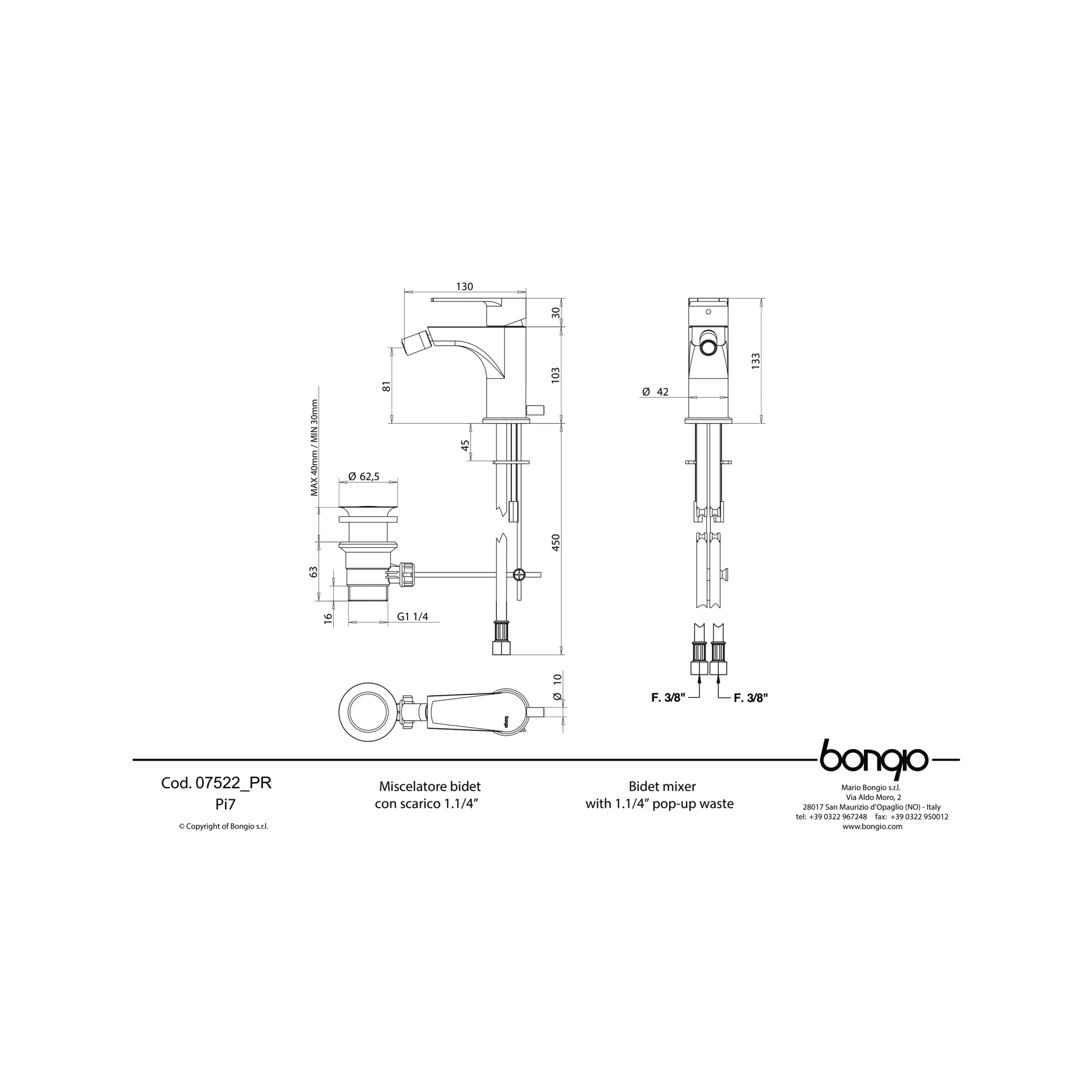 Miscelatore Bidet Monoforo Con Scarico Mario Bongio "PI7" Cromo Lucido - Dabicasa