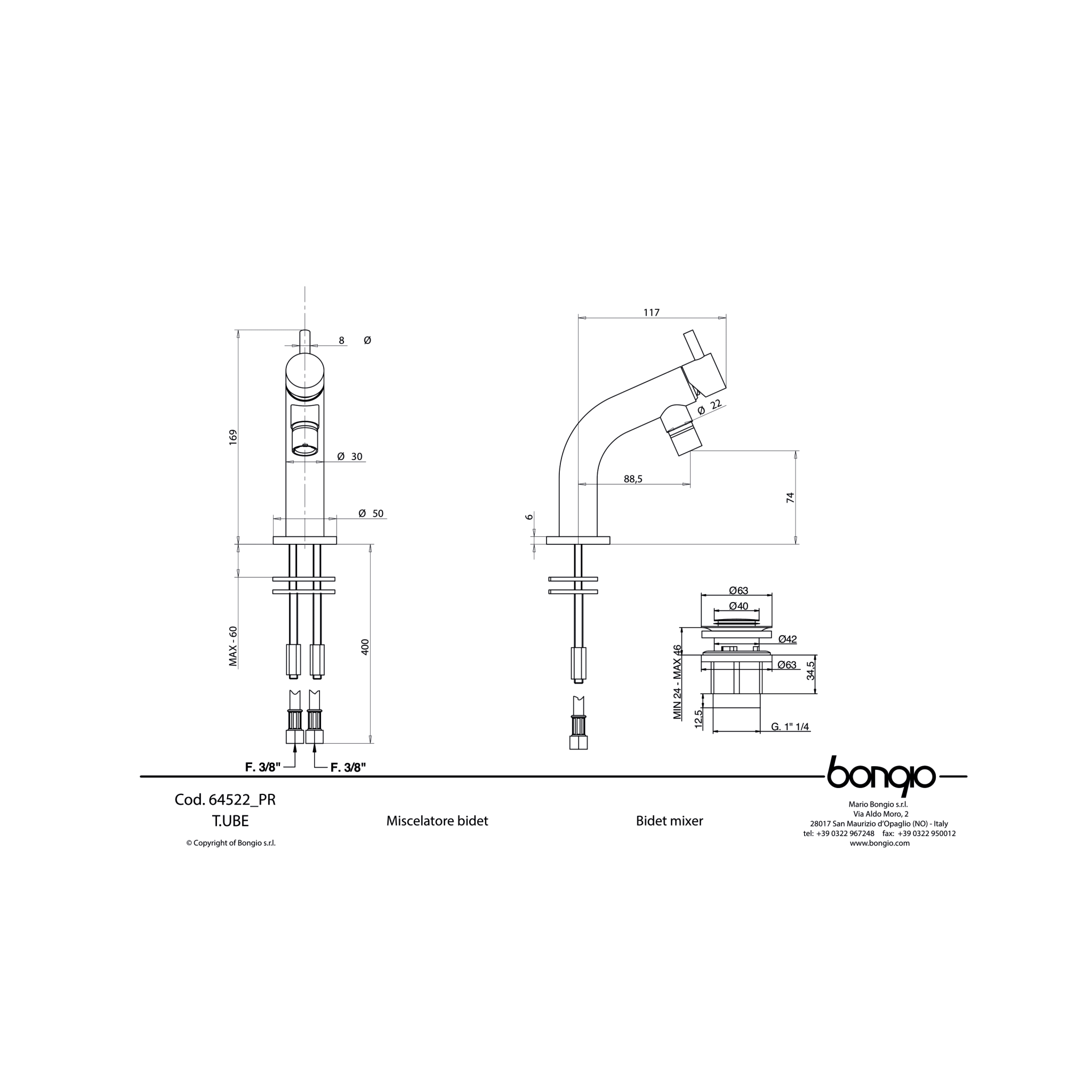 Miscelatore Bidet Monoforo Con Scarico Mario Bongio "T.ube" Cromo Lucido - Dabicasa