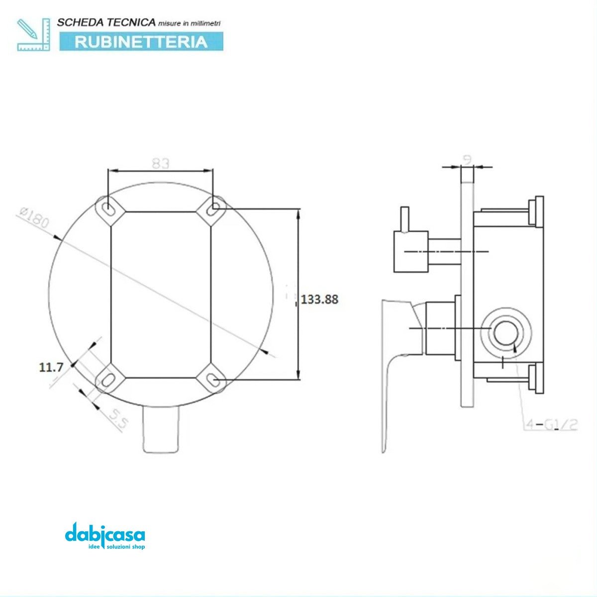 Miscelatore Doccia "Flat" C/Deviatore a Due Uscite Nero Opaco - Dabicasa