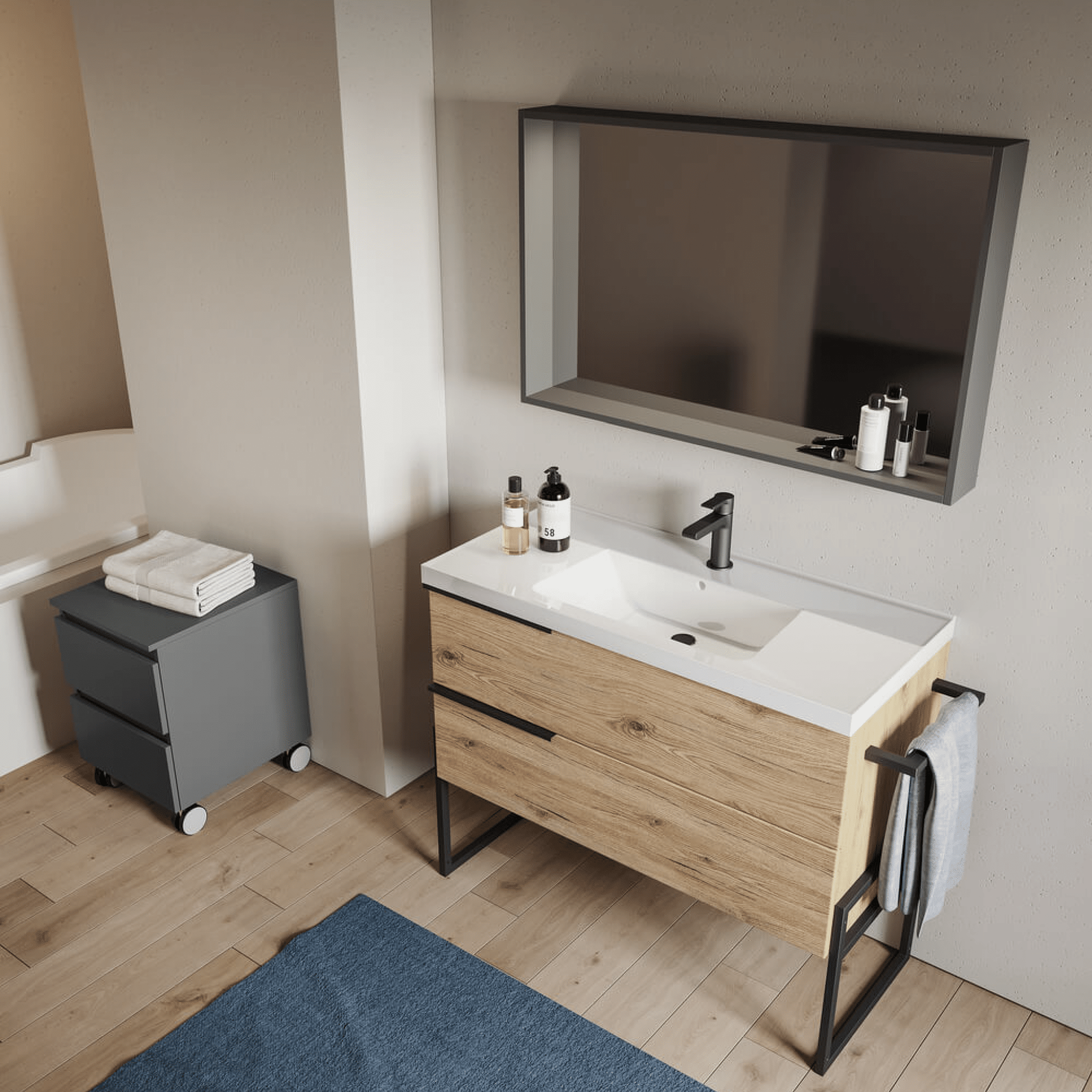 Mobile Bagno a Terra 100 Cm Due Cassetti Specchio Con Illuminazione Led Savini "Febe 2" - Dabicasa