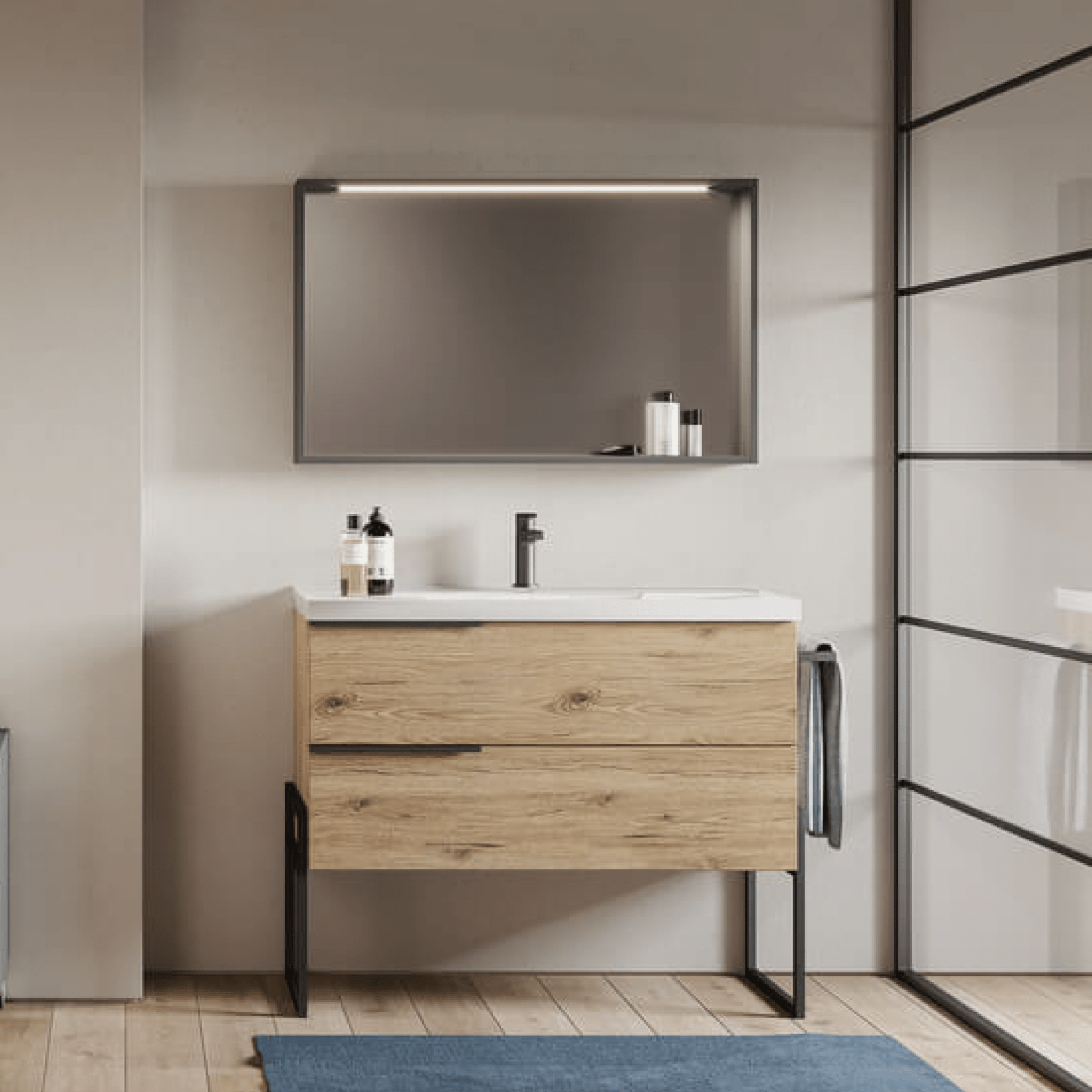 Mobile Bagno a Terra 100 Cm Due Cassetti Specchio Con Illuminazione Led Savini "Febe 2" - Dabicasa