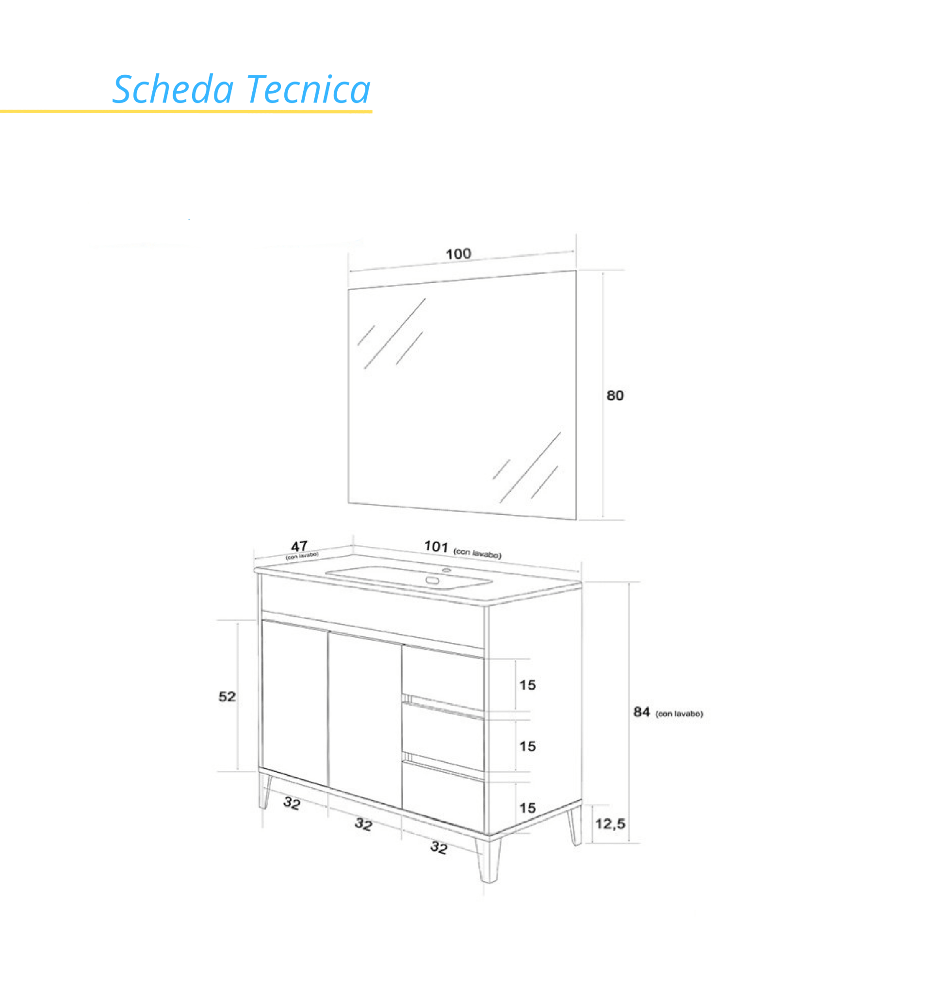 Mobile Bagno a Terra 102 Cm Due Ante Tre Cassetti Specchio Feridras "Mondo 2.0" Bianco Opaco/Bianco Laccato - Dabicasa