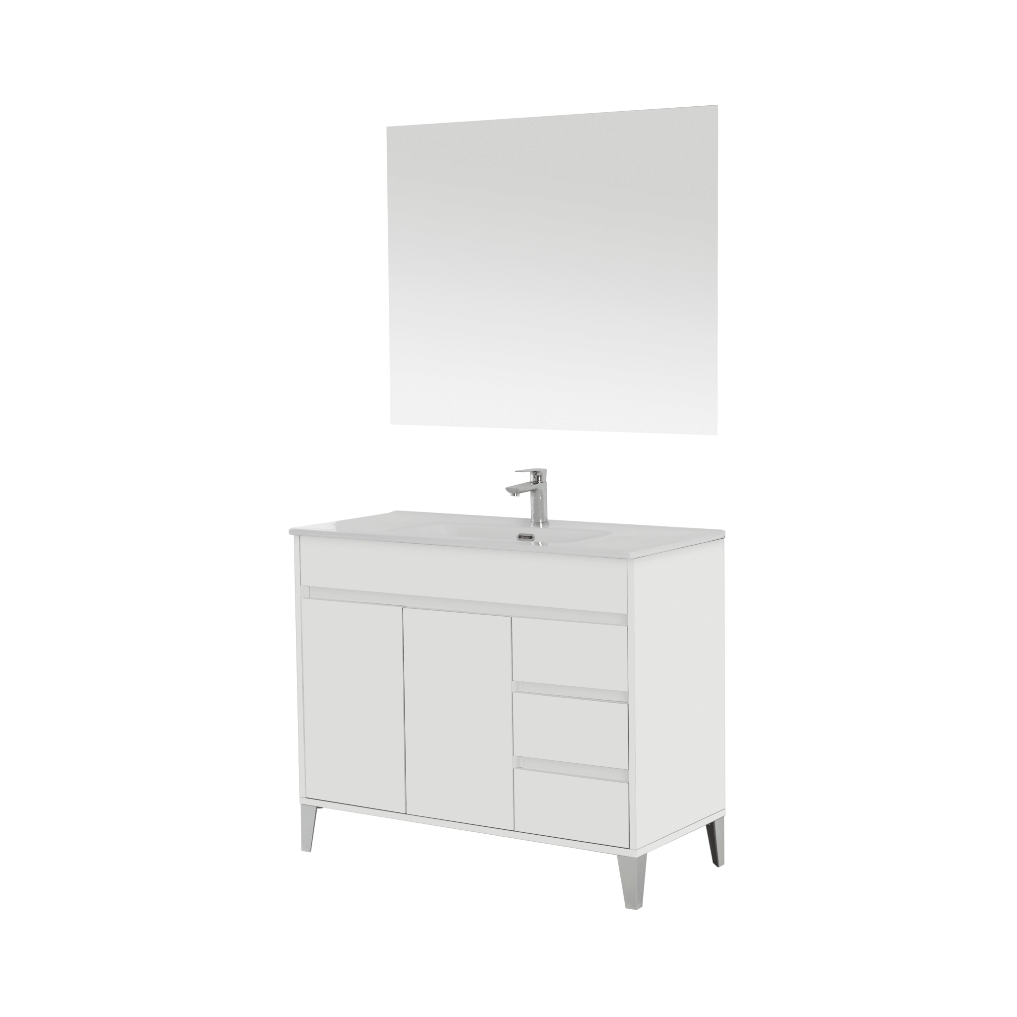 Mobile Bagno a Terra 102 Cm Due Ante Tre Cassetti Specchio Feridras "Mondo 2.0" Bianco Opaco/Bianco Laccato - Dabicasa