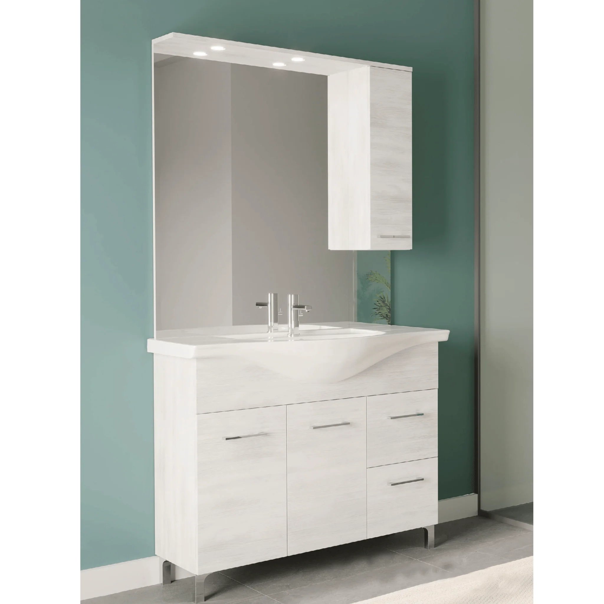 Mobile Bagno a Terra 105 Cm Due Ante Due Cassetti Specchio Con Pensile e Illuminazione Led Savini Due "Rubino" Rovere Bianco - Dabicasa