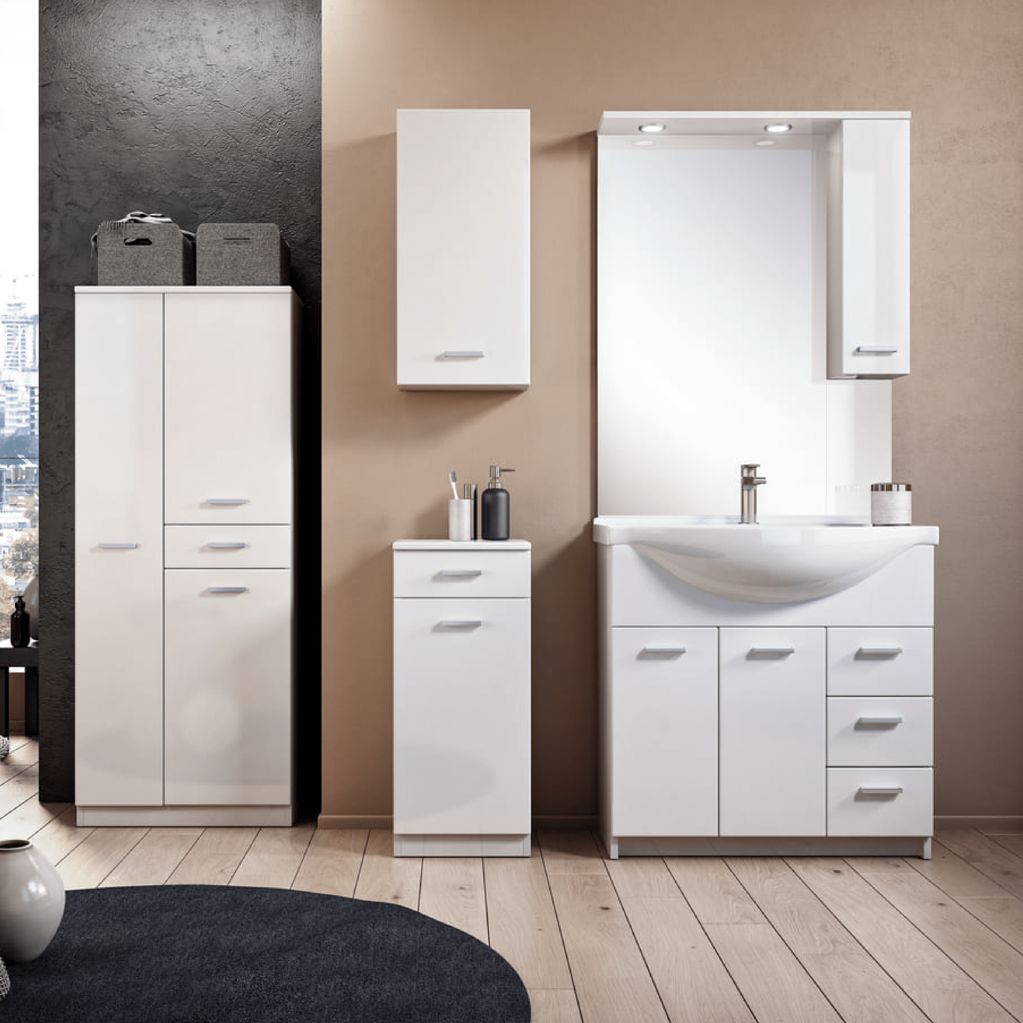 Mobile Bagno a Terra 105 Cm Due Ante Tre Cassetti Specchio Con Pensile e Illuminazione Led Savini "Classica" Bianco Lucido - Dabicasa