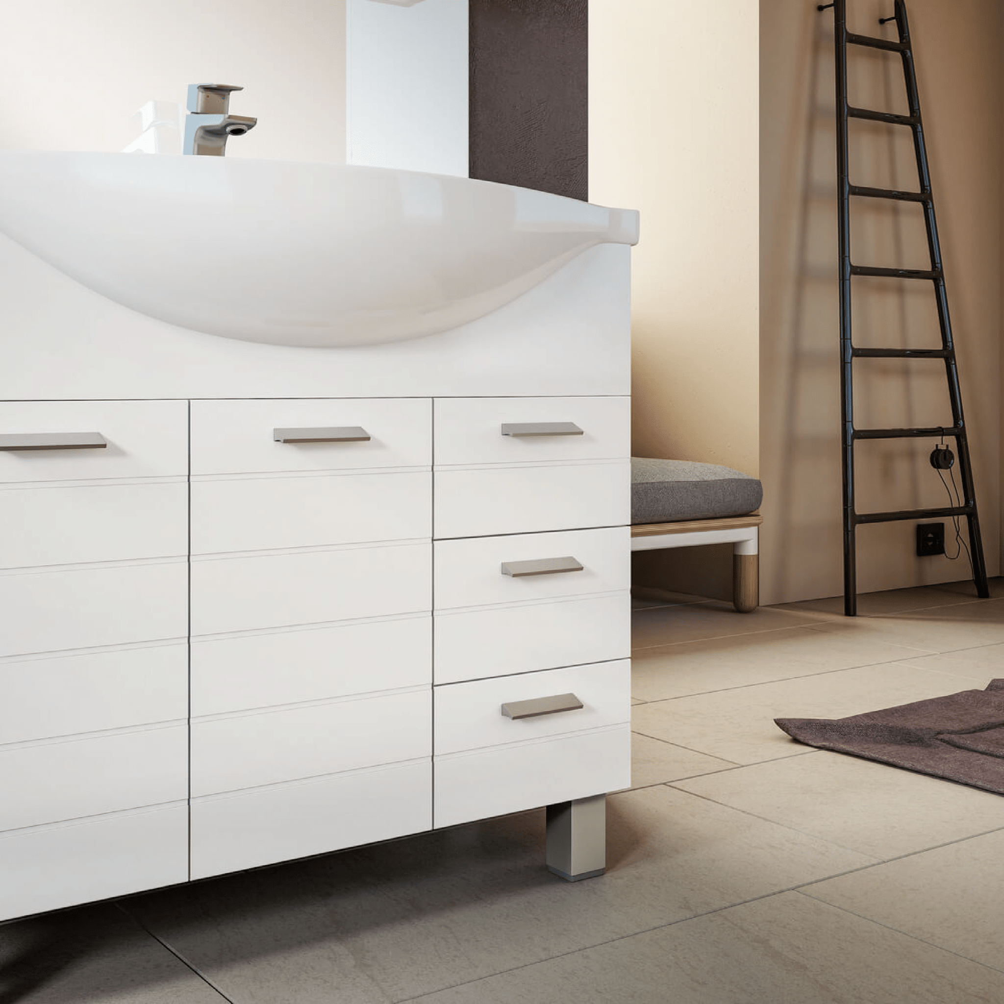 Mobile Bagno a Terra 105 Cm Due Ante Tre Cassetti Specchio Con Pensile e Illuminazione Led Savini "Classica" Bianco Lucido - Dabicasa