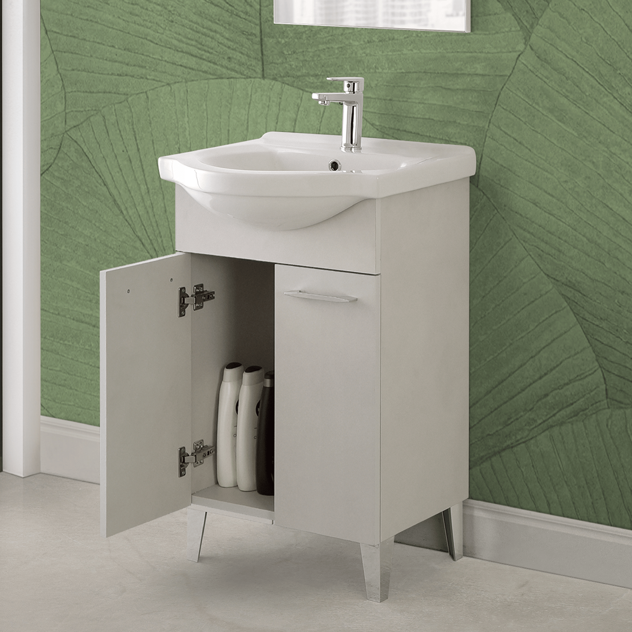 Mobile Bagno a Terra 55 Cm Due Ante Specchio 50x70 Cm Feridras "Iris" Grigio Calce - Dabicasa